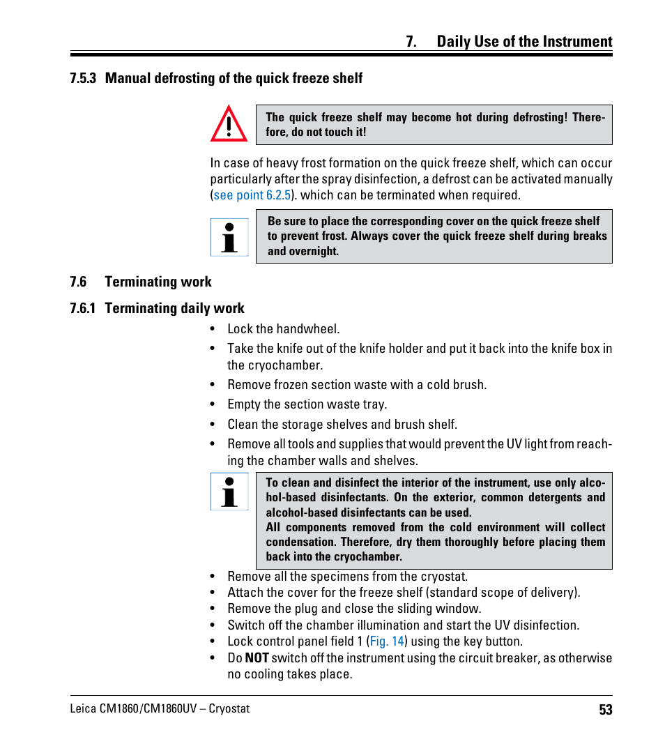 3 manual defrosting of the quick freeze shelf, 6 terminating work, 1 terminating daily work | Terminating work, Daily use of the instrument | Leica Biosystems CM1860/CM1860 UV User Manual | Page 53 / 98