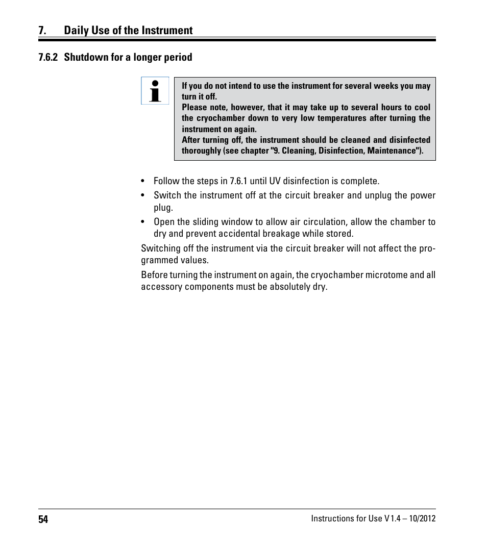 2 shutdown for a longer period, Daily use of the instrument | Leica Biosystems CM1860/CM1860 UV User Manual | Page 54 / 98