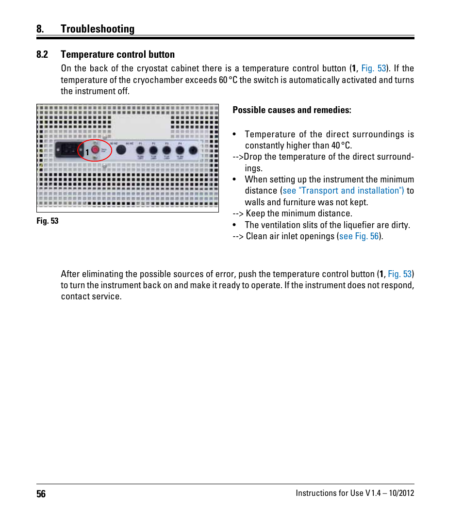 2 temperature control button, Temperature control button, Troubleshooting | Leica Biosystems CM1860/CM1860 UV User Manual | Page 56 / 98