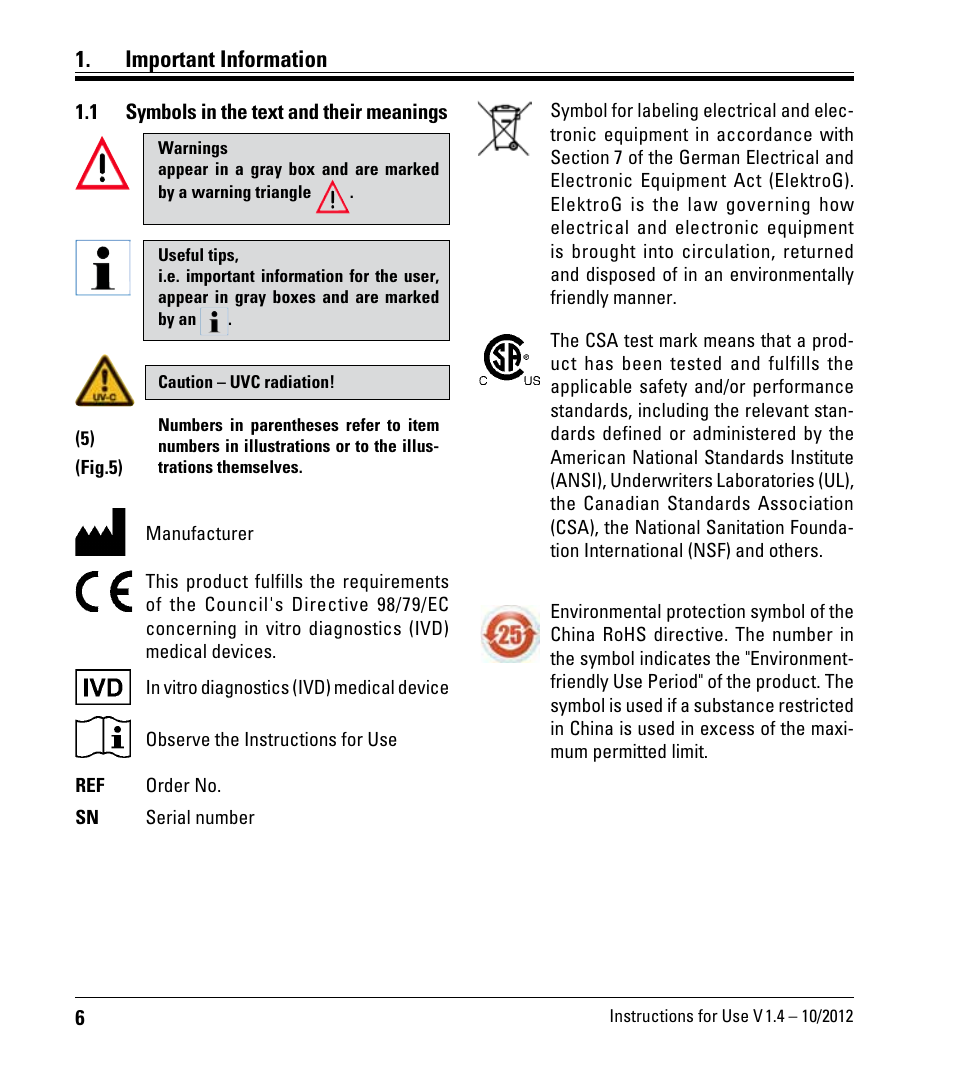 Important information, 1 symbols in the text and their meanings, Symbols in the text and their meanings | Leica Biosystems CM1860/CM1860 UV User Manual | Page 6 / 98