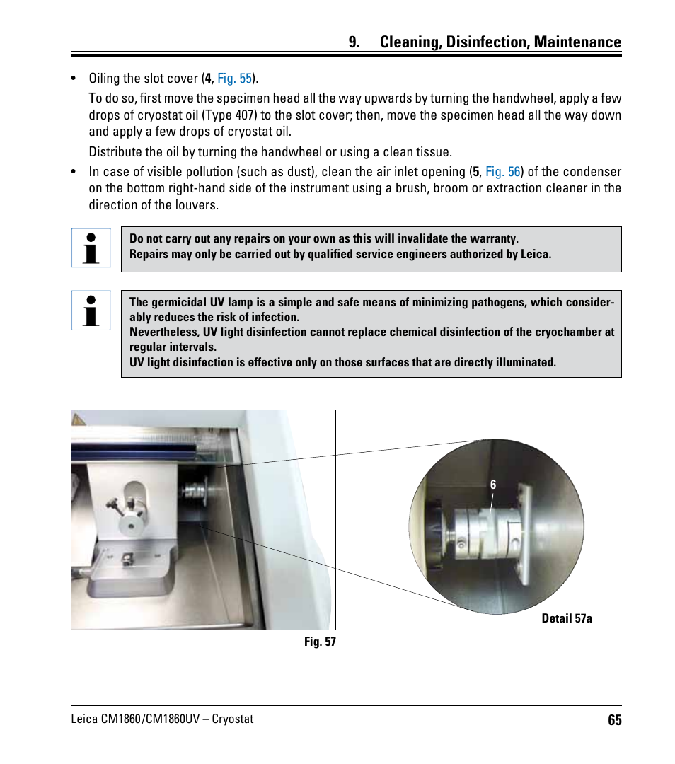 Cleaning, disinfection, maintenance | Leica Biosystems CM1860/CM1860 UV User Manual | Page 65 / 98