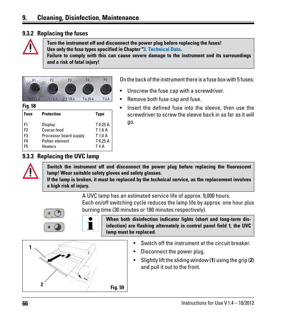 2 replacing the fuses, 3 replacing the uvc lamp, Cleaning, disinfection, maintenance | Leica Biosystems CM1860/CM1860 UV User Manual | Page 66 / 98