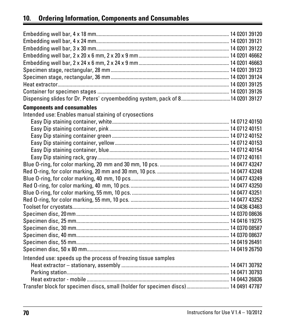 Ordering information, components and consumables | Leica Biosystems CM1860/CM1860 UV User Manual | Page 70 / 98