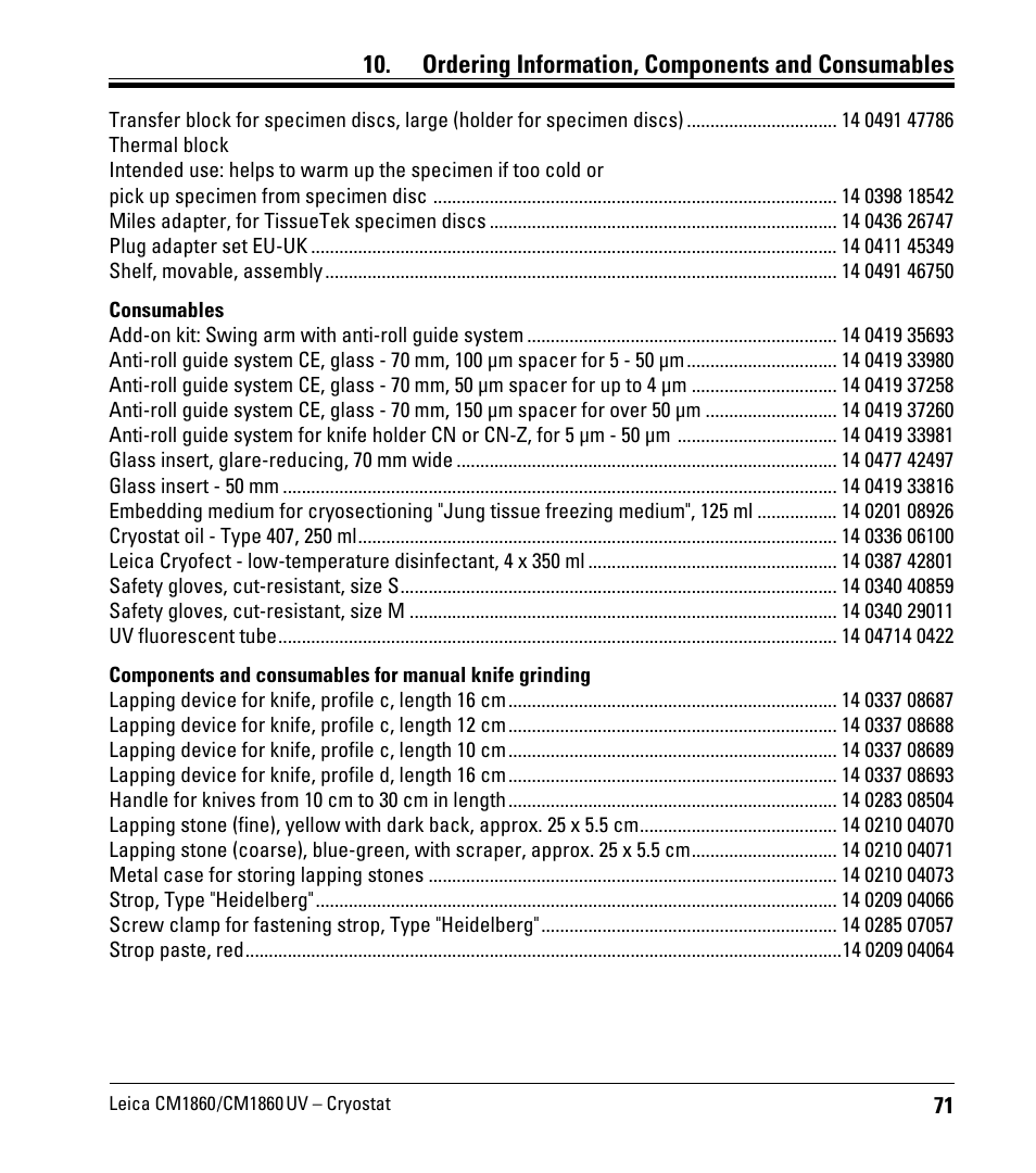 Ordering information, components and consumables | Leica Biosystems CM1860/CM1860 UV User Manual | Page 71 / 98