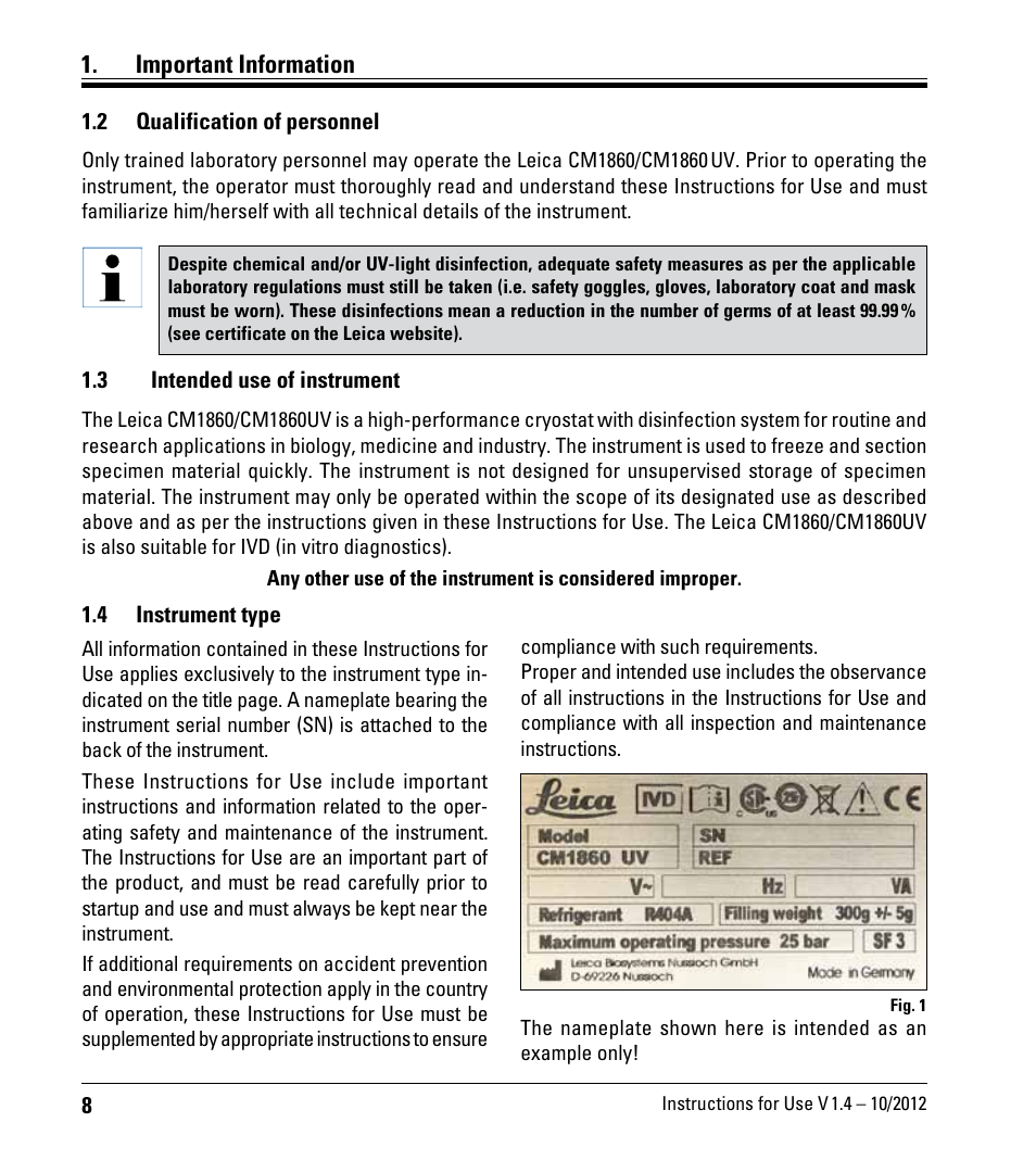 2 qualification of personnel, 3 intended use of instrument, 4 instrument type | Qualification of personnel, Intended use of instrument, Instrument type, Important information | Leica Biosystems CM1860/CM1860 UV User Manual | Page 8 / 98