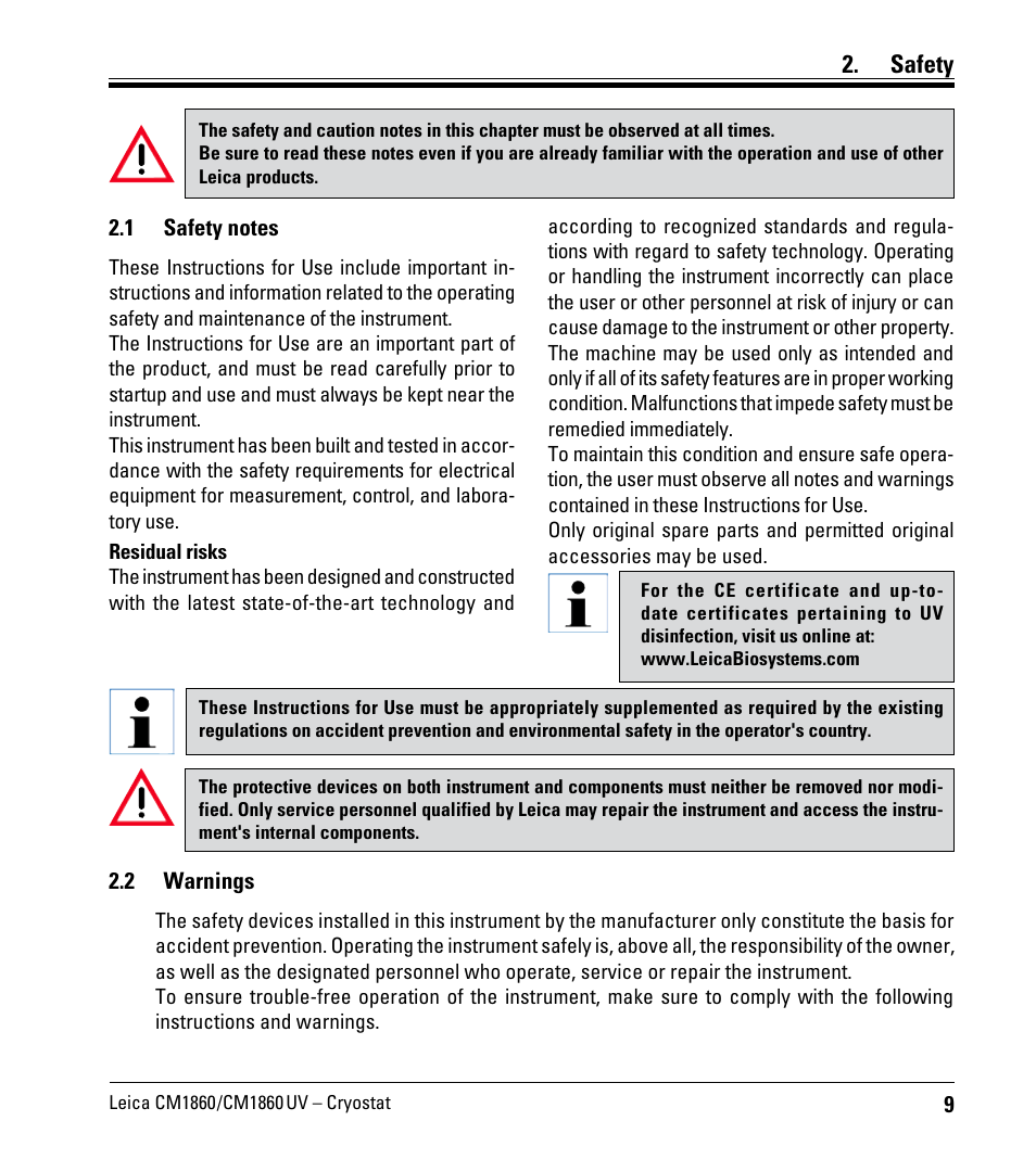 Safety, 1 safety notes, 2 warnings | Safety notes | Leica Biosystems CM1860/CM1860 UV User Manual | Page 9 / 98