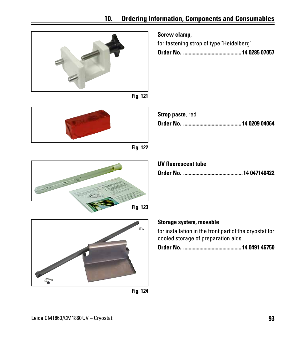 Ordering information, components and consumables | Leica Biosystems CM1860/CM1860 UV User Manual | Page 93 / 98