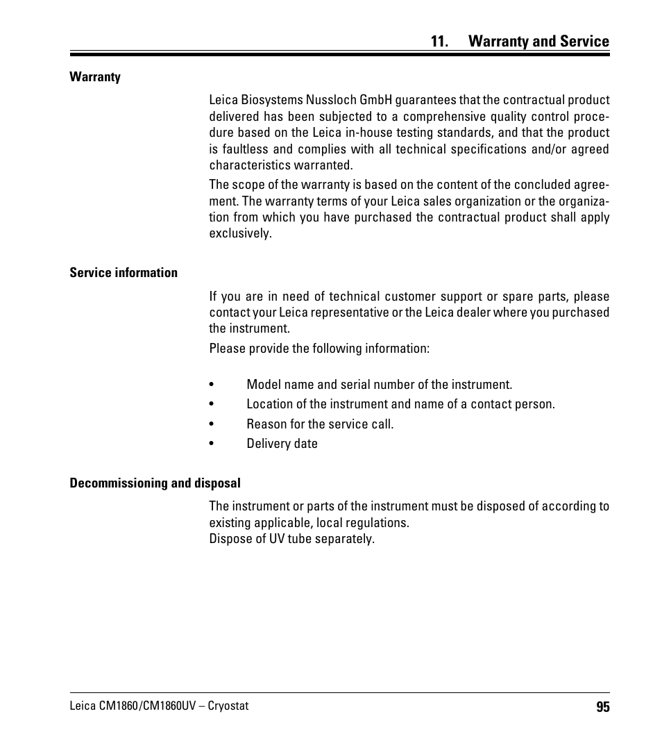 Warranty and service | Leica Biosystems CM1860/CM1860 UV User Manual | Page 95 / 98