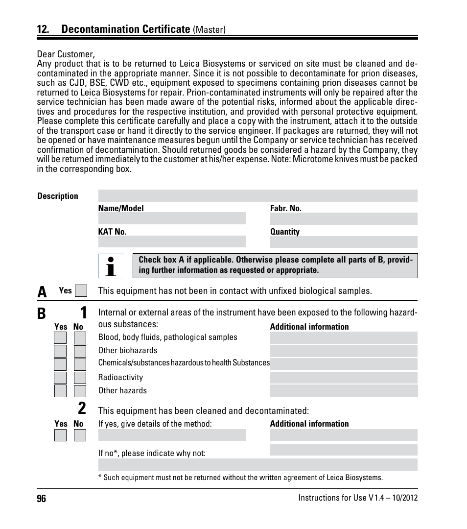 Decontamination certificate (master), Decontamination certificate | Leica Biosystems CM1860/CM1860 UV User Manual | Page 96 / 98