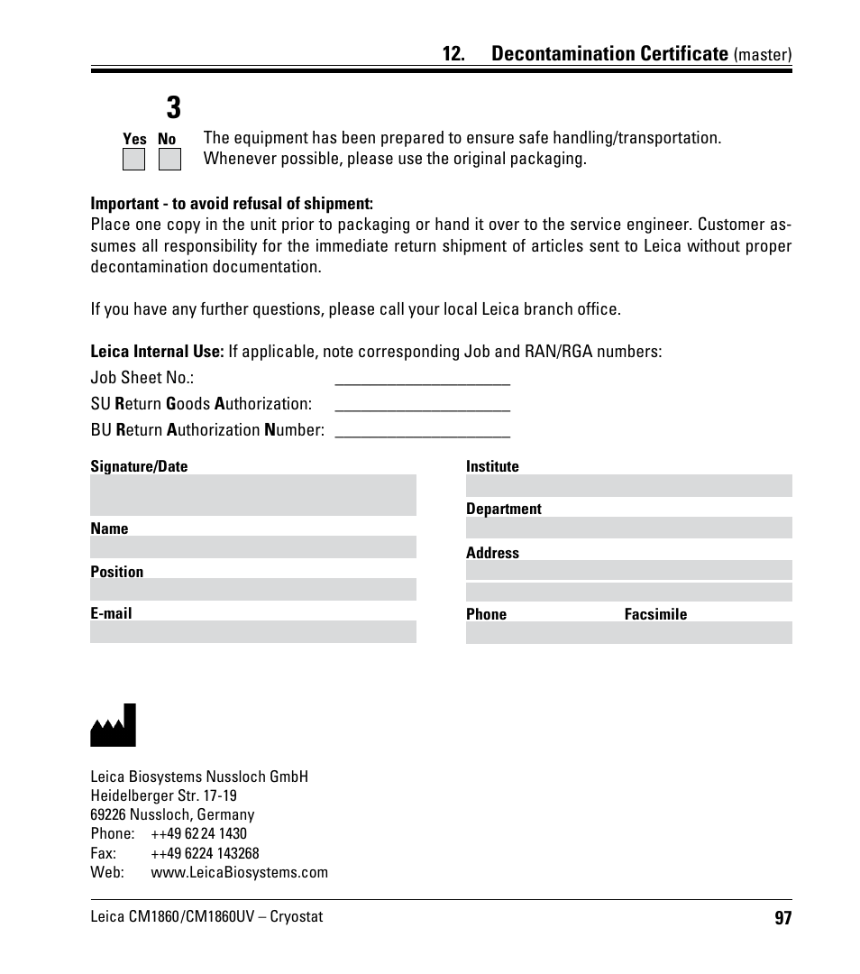 Decontamination certificate | Leica Biosystems CM1860/CM1860 UV User Manual | Page 97 / 98