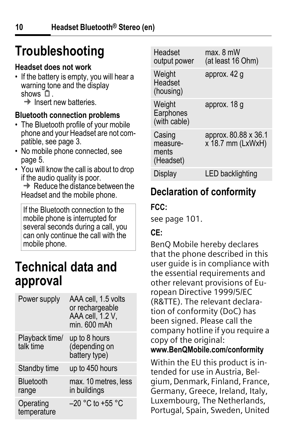 Troubleshooting, Technical data and approval, Declaration of conformity | BenQ HHB-750 User Manual | Page 11 / 105