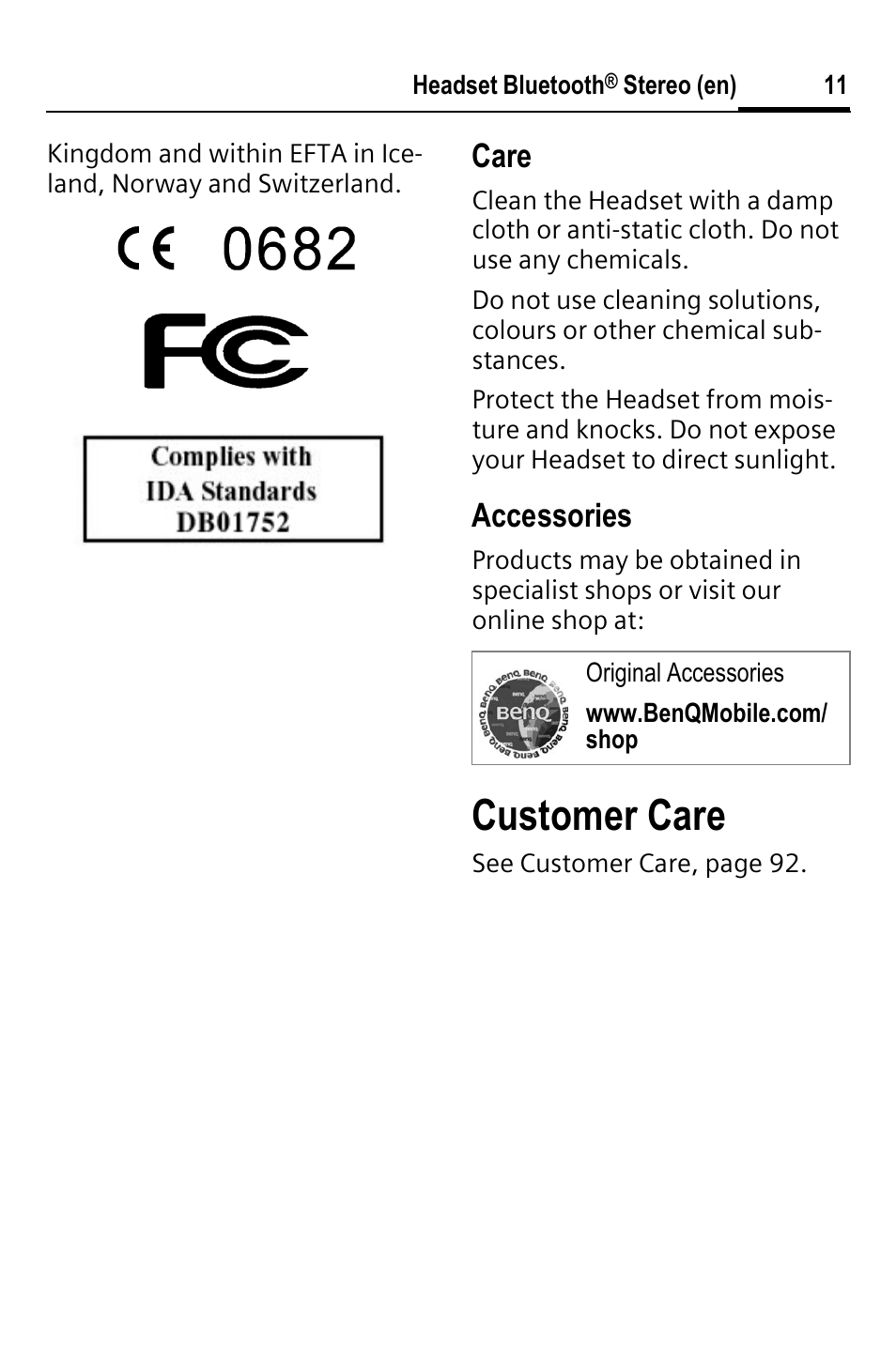 Customer care, Care, Accessories | BenQ HHB-750 User Manual | Page 12 / 105