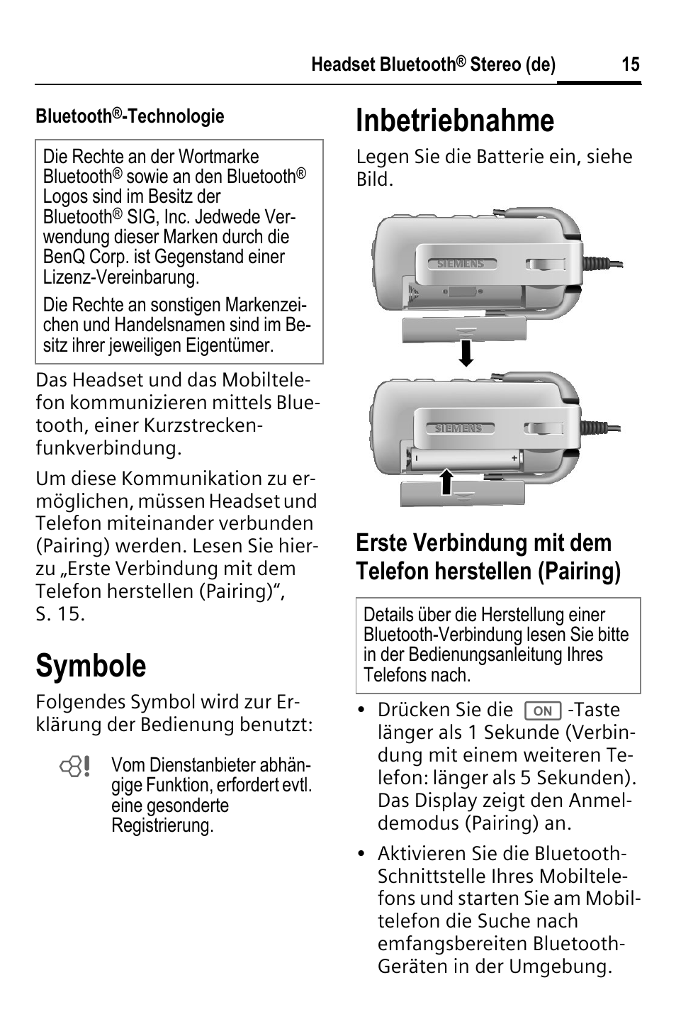 Symbole, Inbetriebnahme | BenQ HHB-750 User Manual | Page 16 / 105