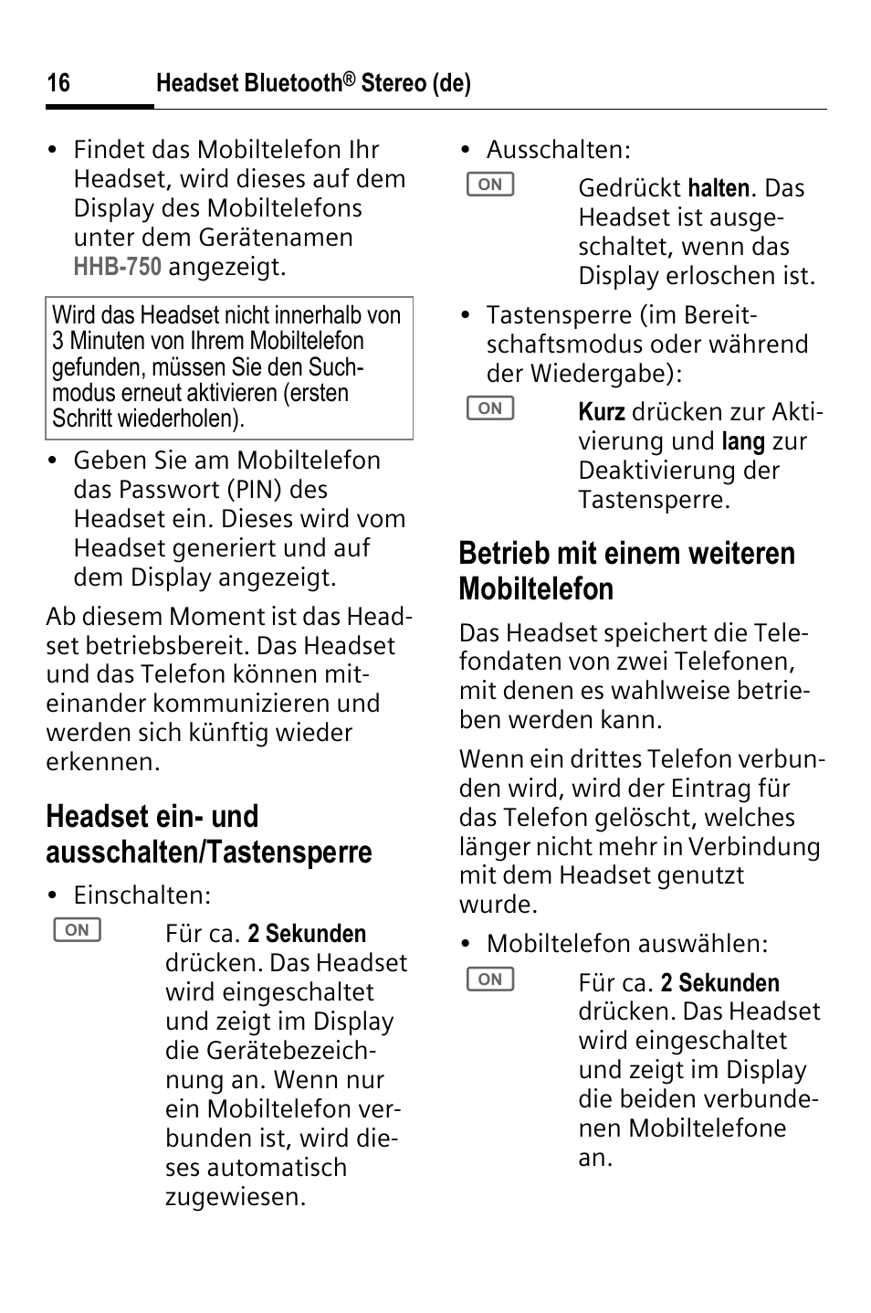 Headset ein- und ausschalten/tastensperre, Betrieb mit einem weiteren mobiltelefon | BenQ HHB-750 User Manual | Page 17 / 105