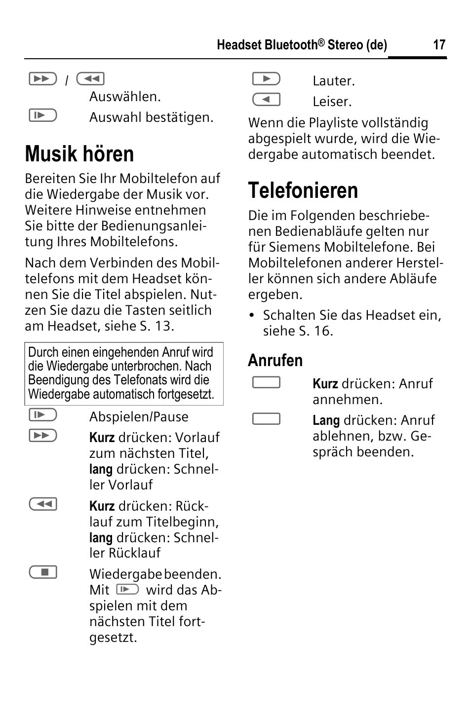 Musik hören, Telefonieren, Anrufen | BenQ HHB-750 User Manual | Page 18 / 105