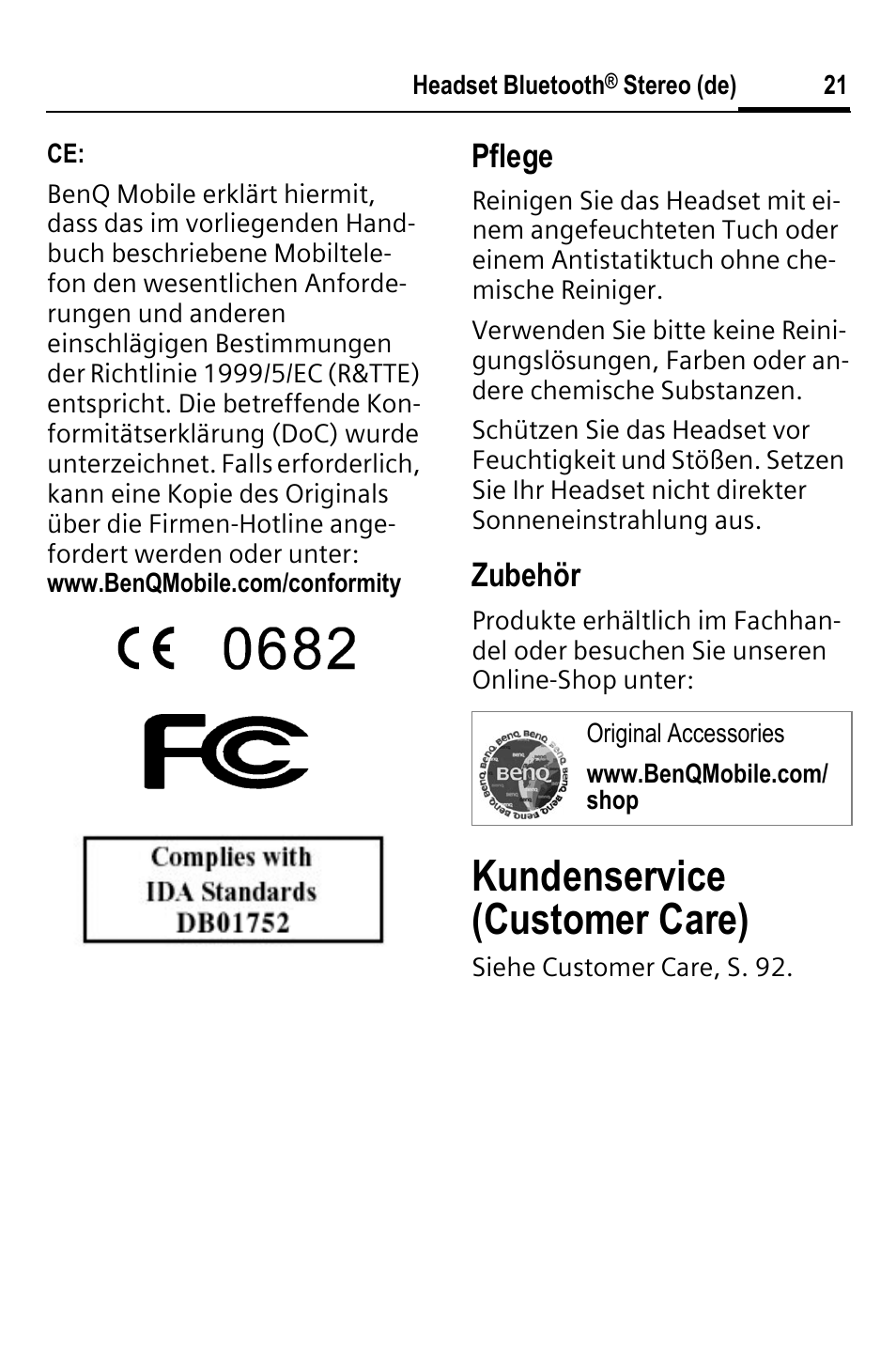 Kundenservice (customer care), Pflege, Zubehör | BenQ HHB-750 User Manual | Page 22 / 105