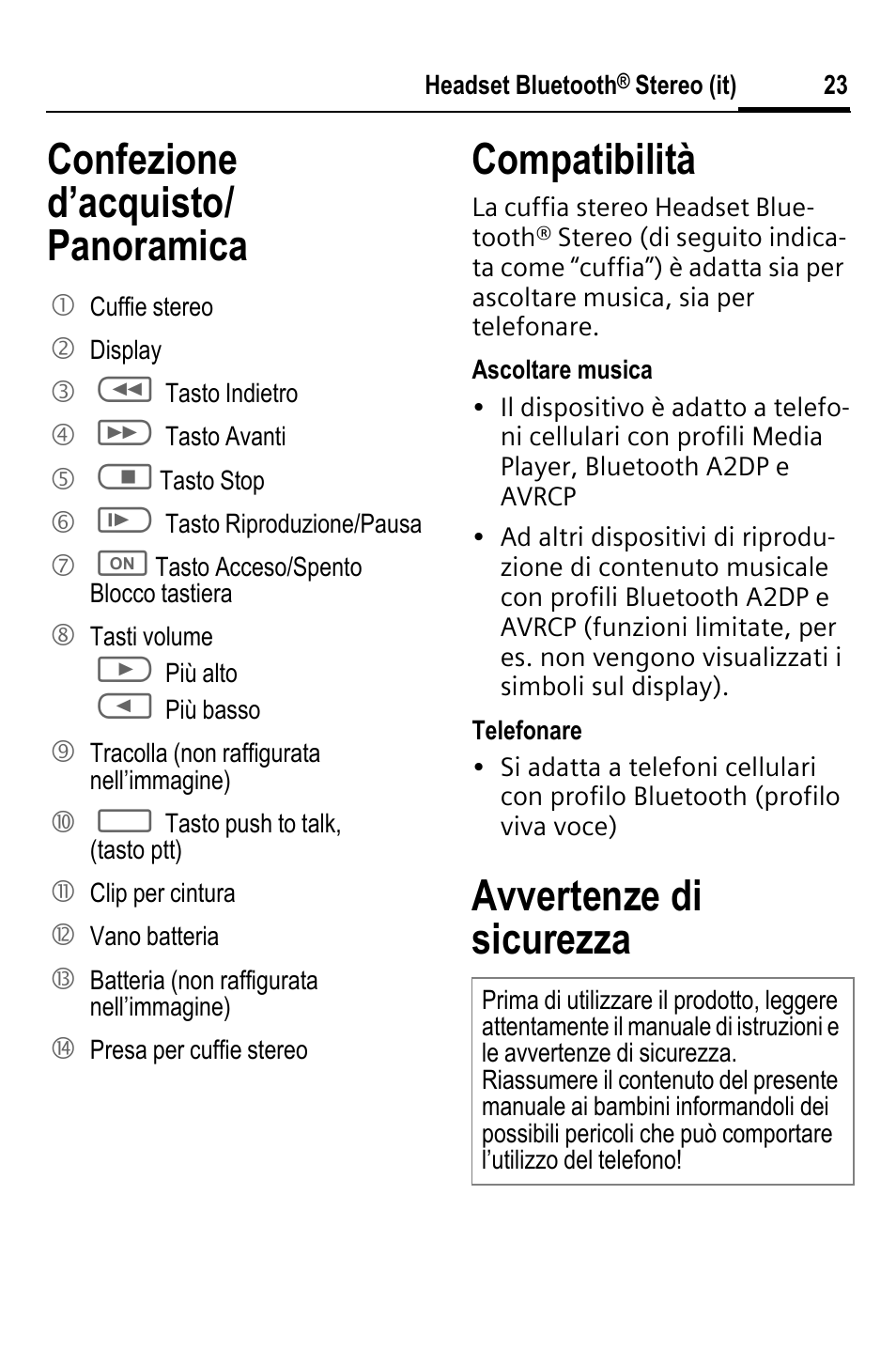 Confezione d’acquisto/ panoramica compatibilità, Avvertenze di sicurezza | BenQ HHB-750 User Manual | Page 24 / 105