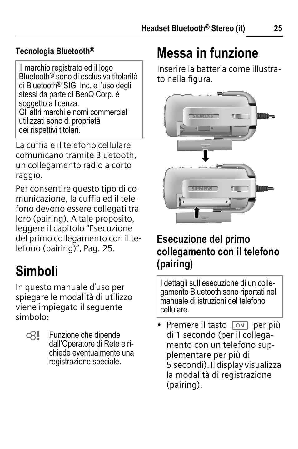 Simboli, Messa in funzione | BenQ HHB-750 User Manual | Page 26 / 105