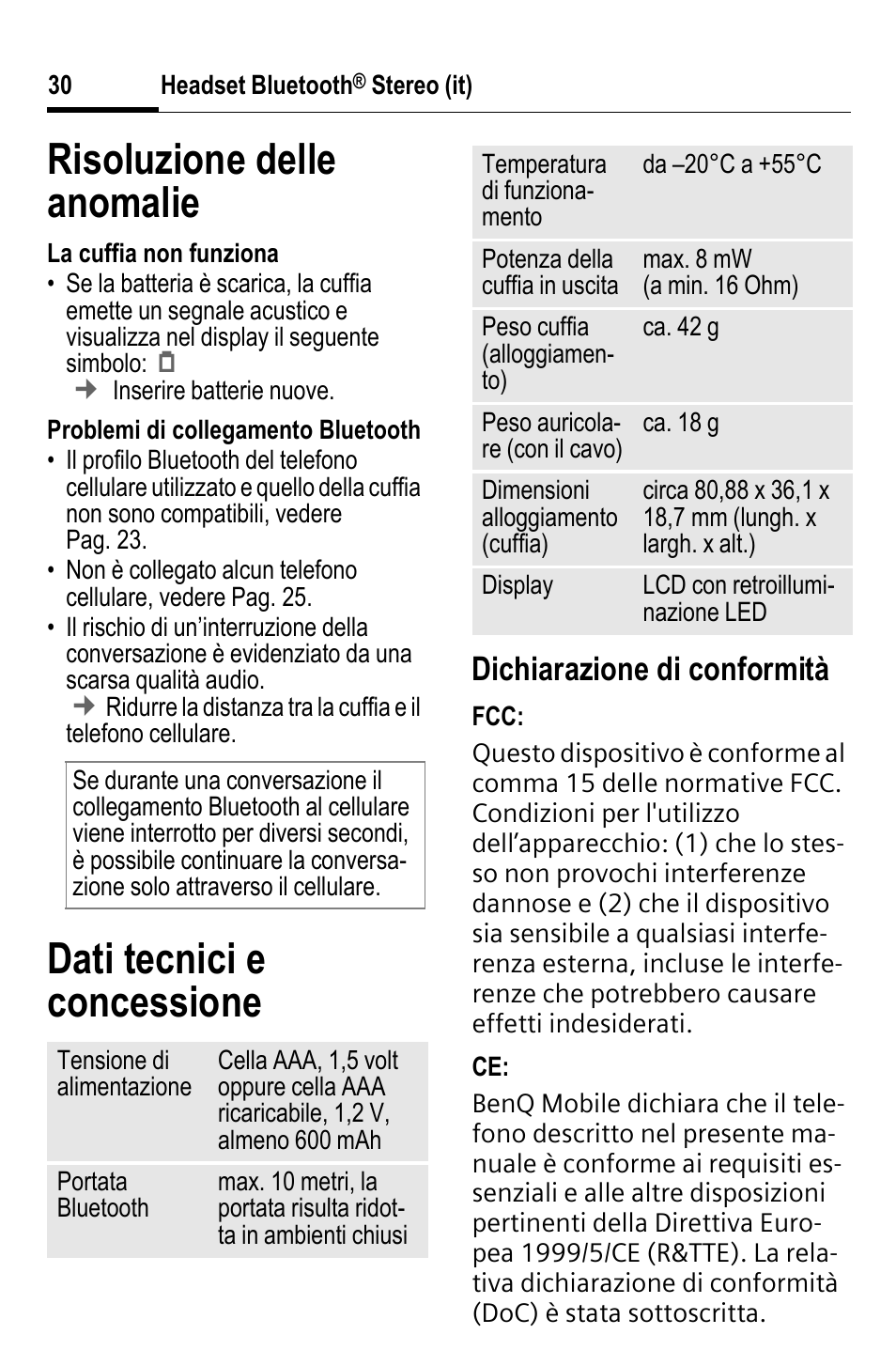 Risoluzione delle anomalie, Dati tecnici e concessione, Dichiarazione di conformità | BenQ HHB-750 User Manual | Page 31 / 105