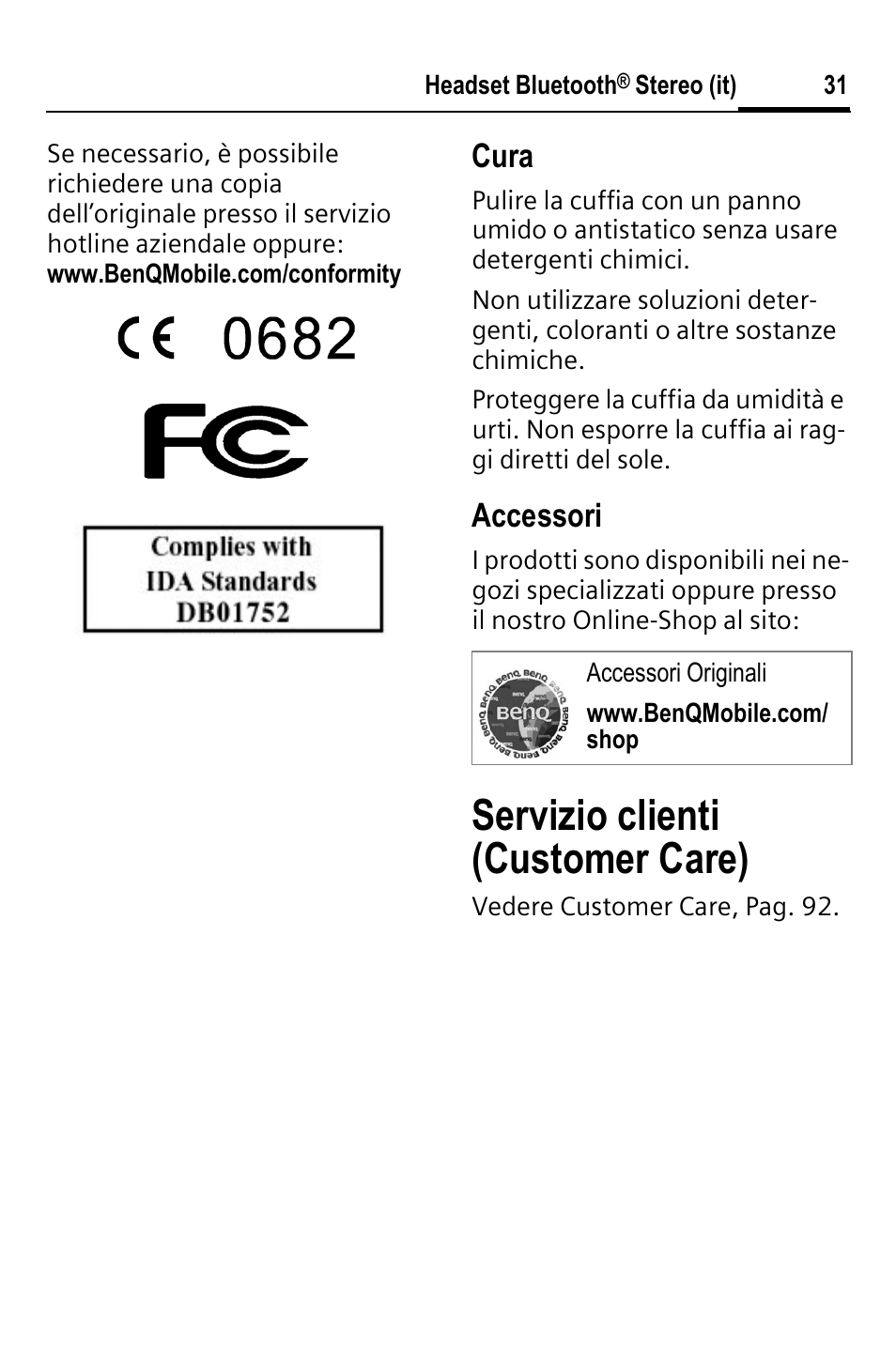 Servizio clienti (customer care), Cura, Accessori | BenQ HHB-750 User Manual | Page 32 / 105
