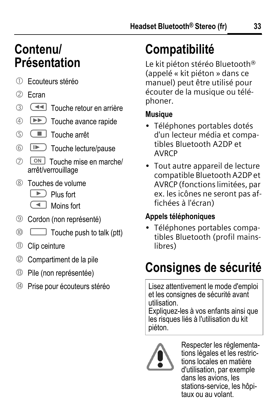 Contenu/ présentation compatibilité, Consignes de sécurité | BenQ HHB-750 User Manual | Page 34 / 105