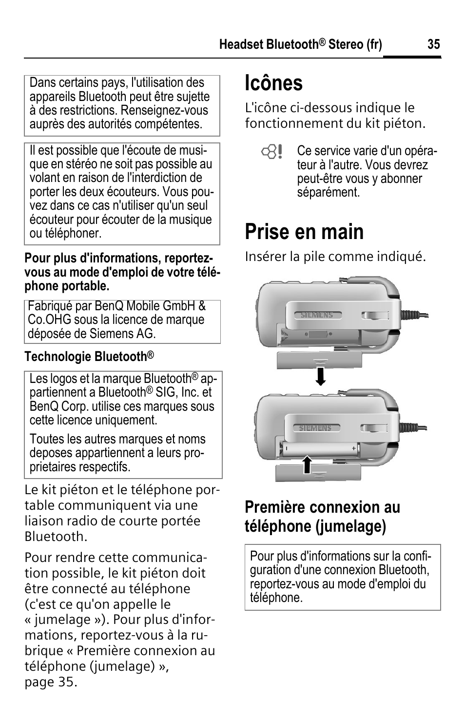 Icônes, Prise en main, Première connexion au téléphone (jumelage) | BenQ HHB-750 User Manual | Page 36 / 105