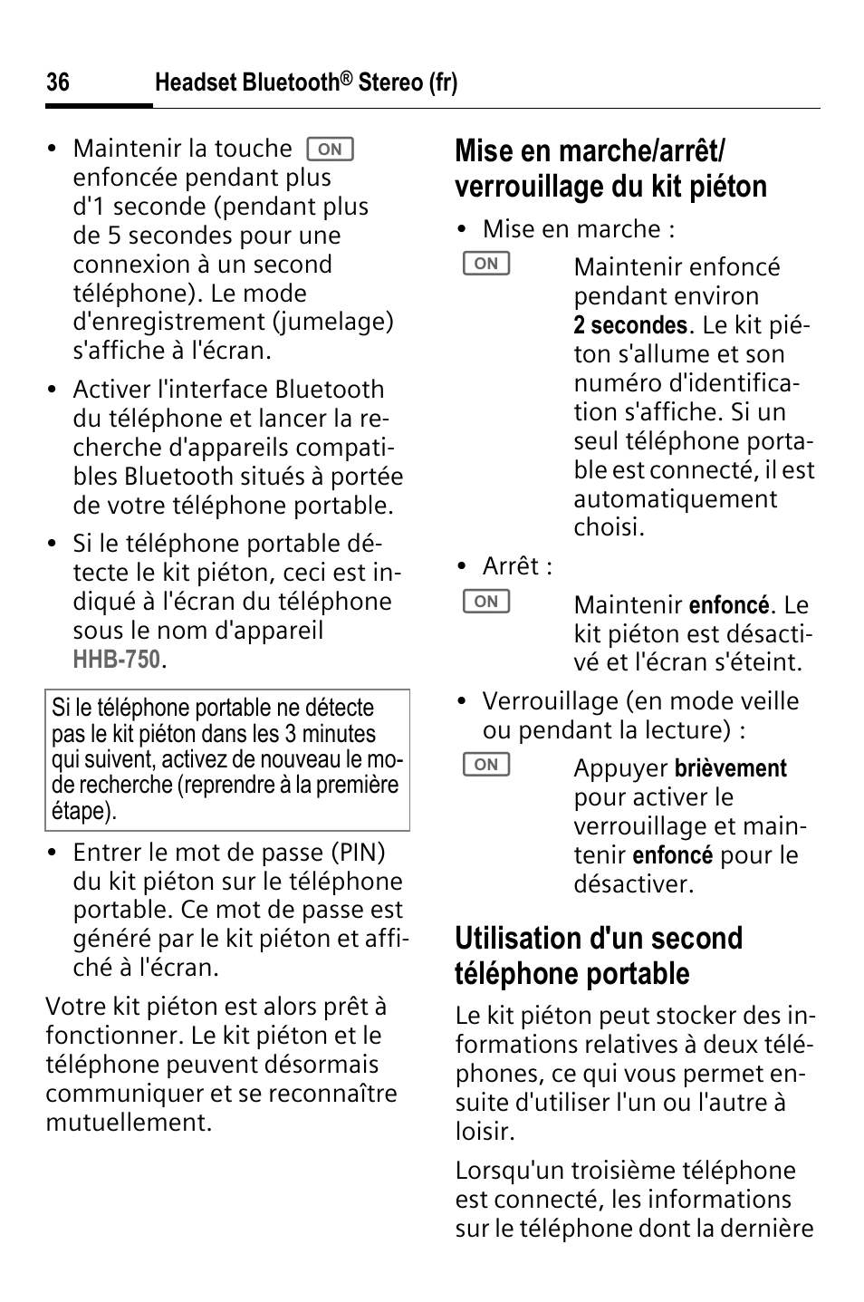 Mise en marche/arrêt/ verrouillage du kit piéton, Utilisation d'un second téléphone portable | BenQ HHB-750 User Manual | Page 37 / 105