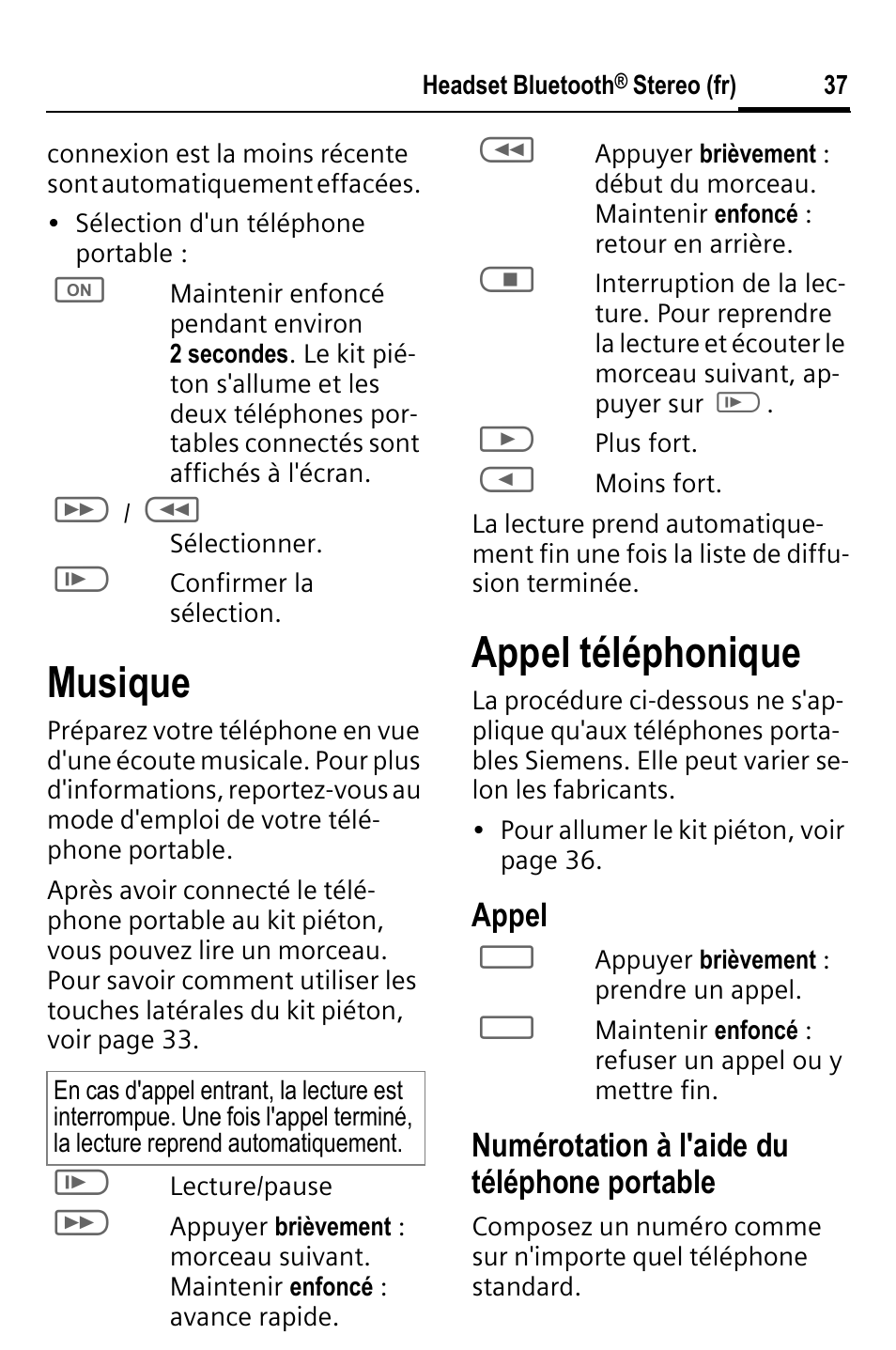 Musique, Appel téléphonique, Appel | Numérotation à l'aide du téléphone portable | BenQ HHB-750 User Manual | Page 38 / 105