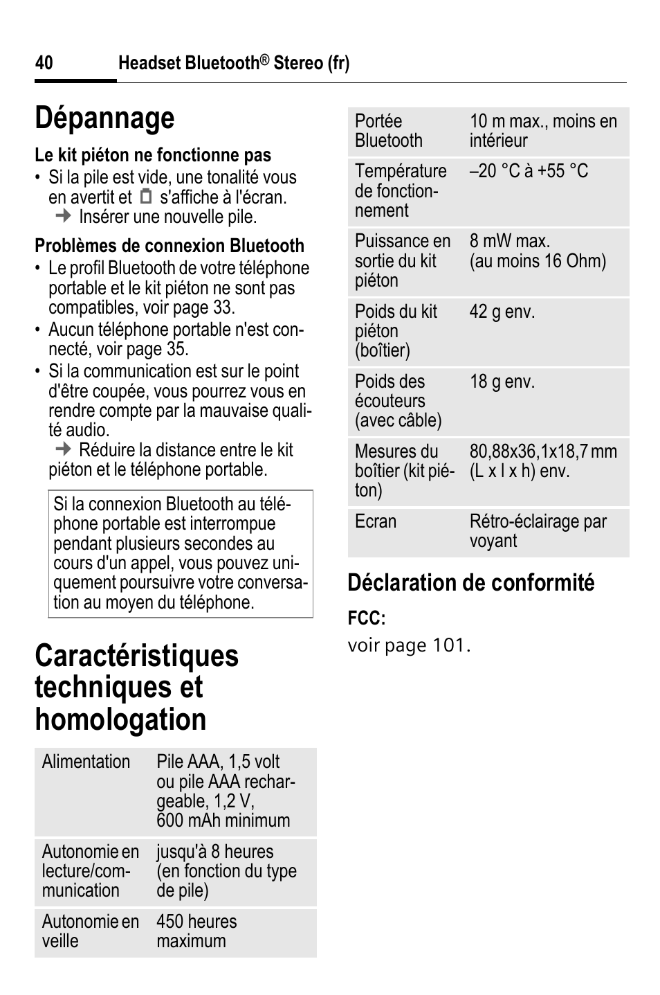 Dépannage, Caractéristiques techniques et homologation, Déclaration de conformité | BenQ HHB-750 User Manual | Page 41 / 105