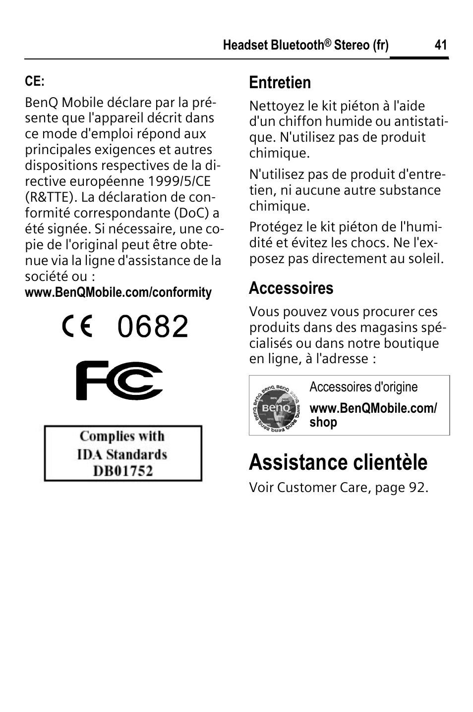 Assistance clientèle, Entretien, Accessoires | BenQ HHB-750 User Manual | Page 42 / 105