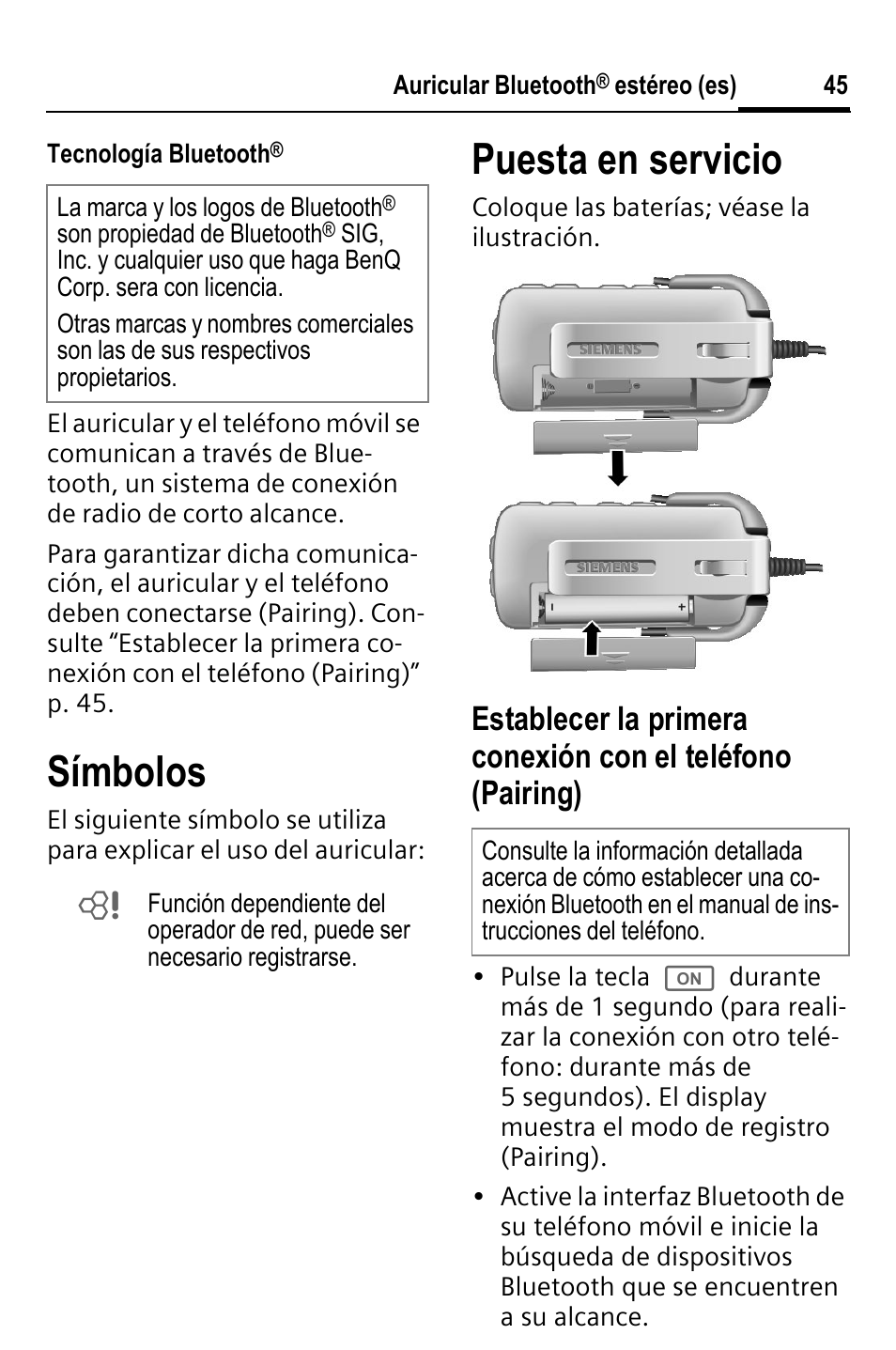 Símbolos, Puesta en servicio | BenQ HHB-750 User Manual | Page 46 / 105