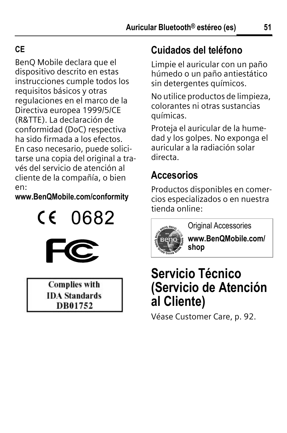 Servicio técnico (servicio de atención al cliente), Cuidados del teléfono, Accesorios | BenQ HHB-750 User Manual | Page 52 / 105