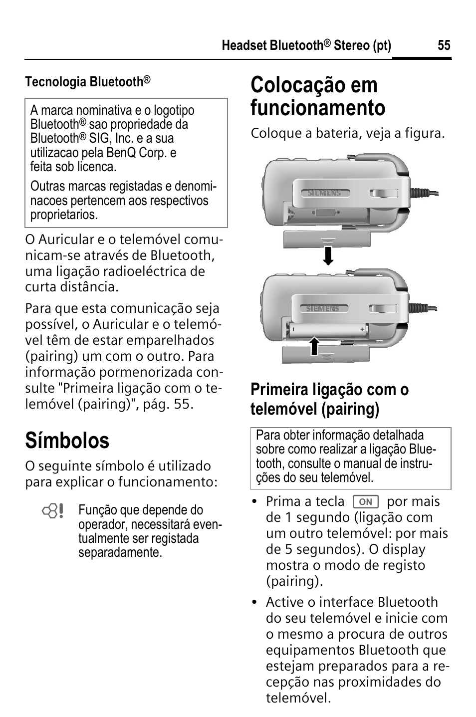 Símbolos, Colocação em funcionamento, Primeira ligação com o telemóvel (pairing) | BenQ HHB-750 User Manual | Page 56 / 105