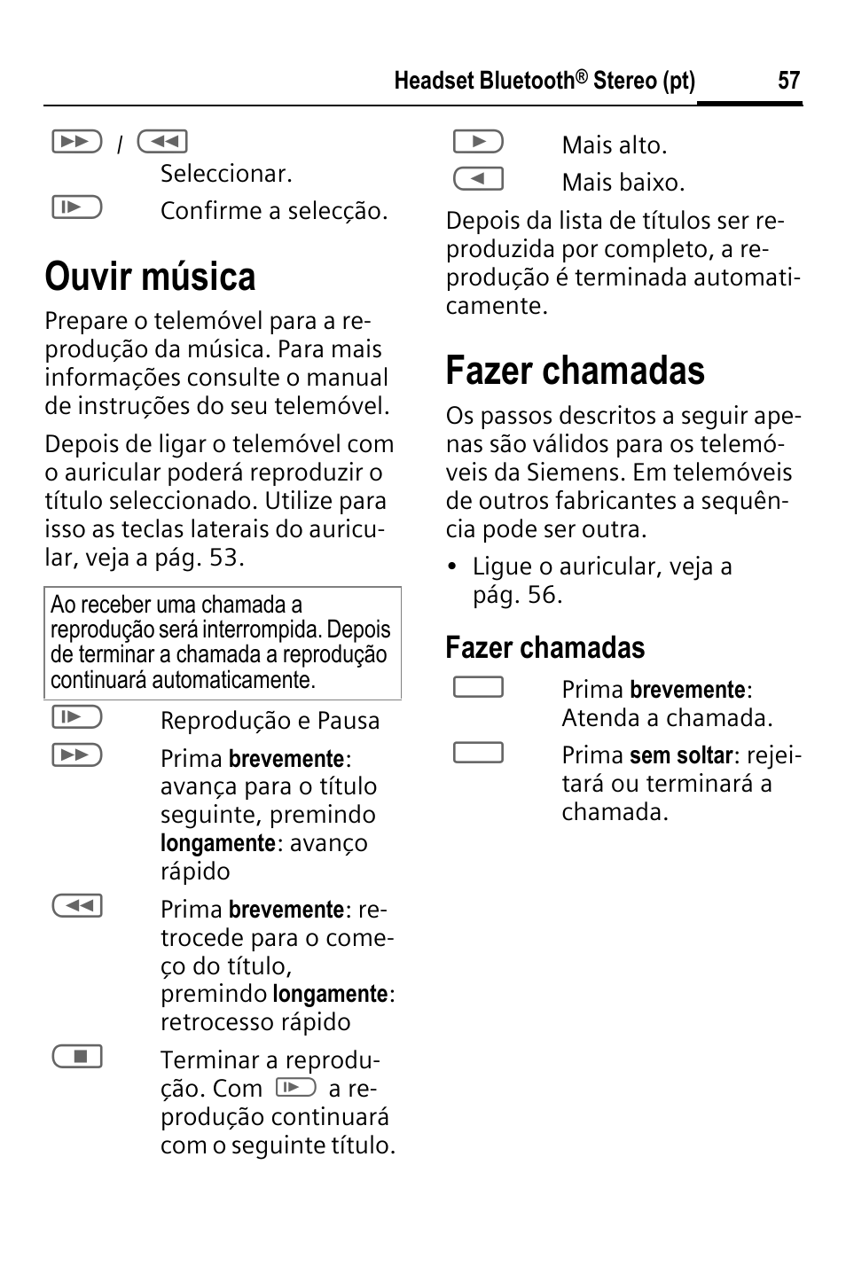 Ouvir música, Fazer chamadas | BenQ HHB-750 User Manual | Page 58 / 105