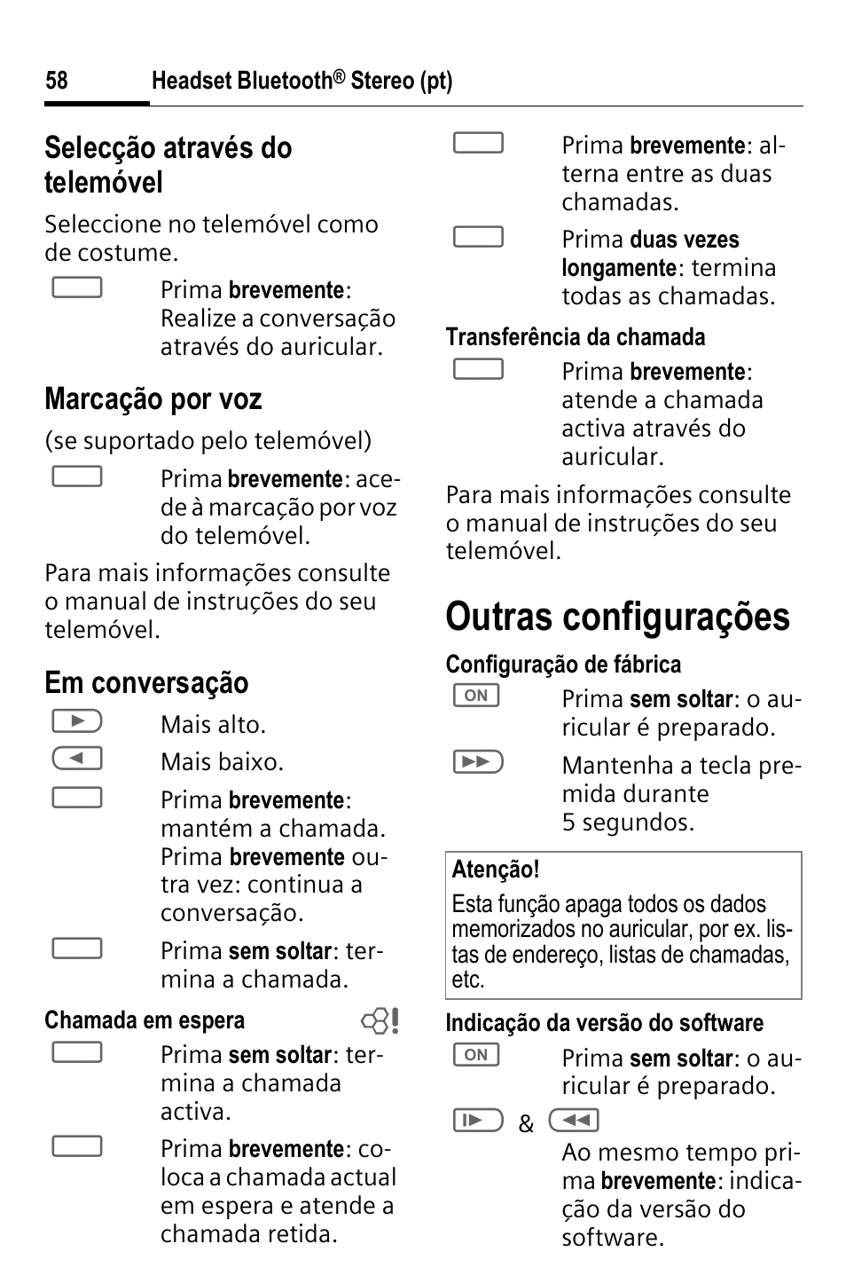 Outras configurações, Selecção através do telemóvel, Marcação por voz | Em conversação | BenQ HHB-750 User Manual | Page 59 / 105