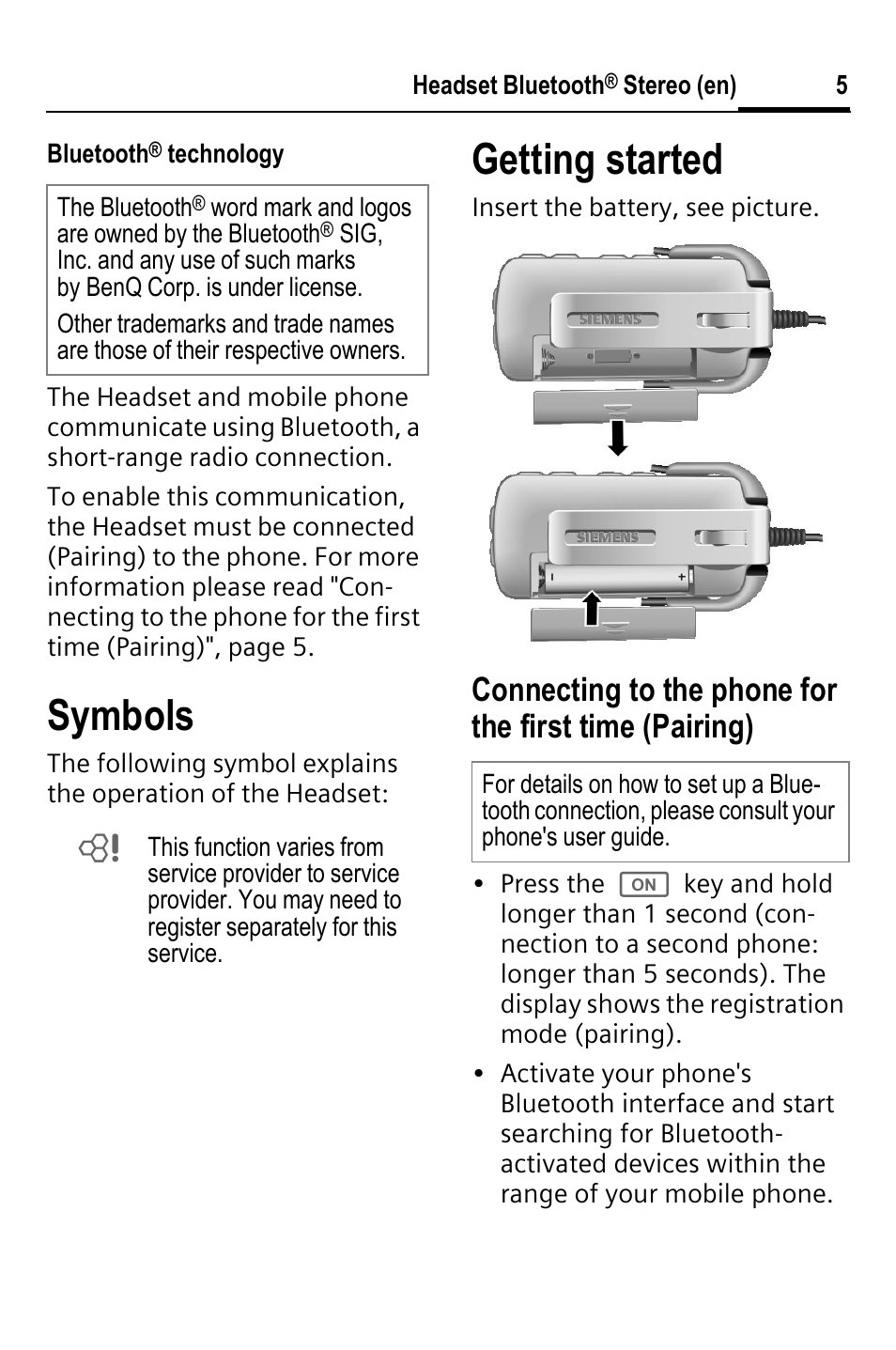 Symbols, Getting started | BenQ HHB-750 User Manual | Page 6 / 105