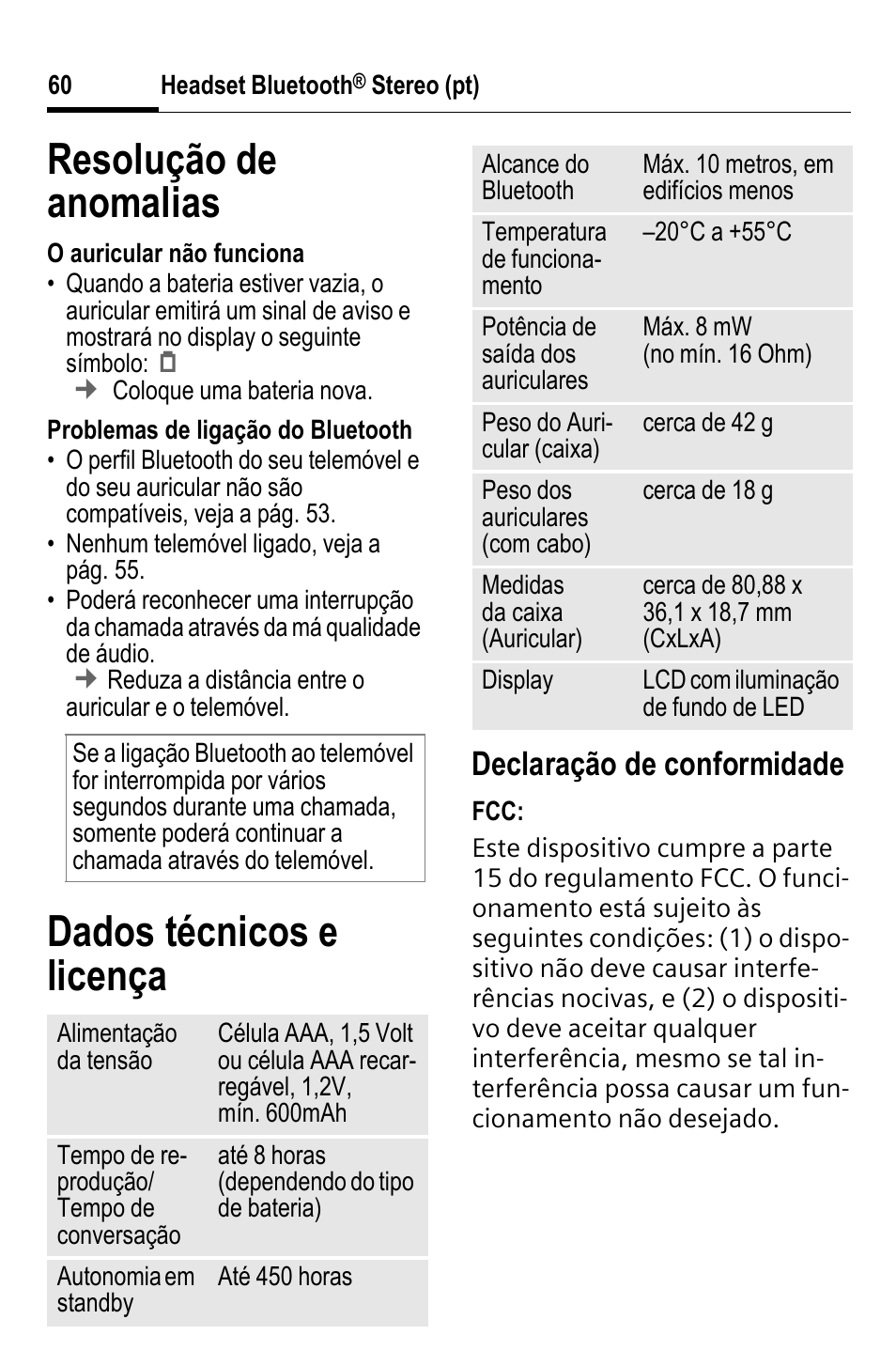 Resolução de anomalias, Dados técnicos e licença, Declaração de conformidade | BenQ HHB-750 User Manual | Page 61 / 105