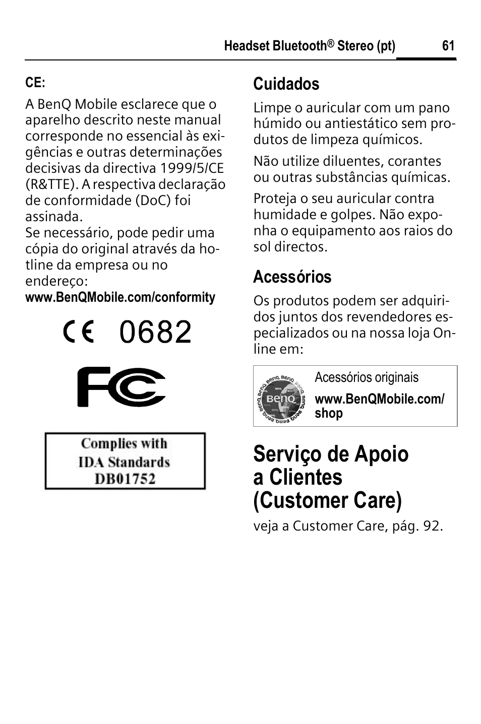 Serviço de apoio a clientes (customer care), Cuidados, Acessórios | BenQ HHB-750 User Manual | Page 62 / 105