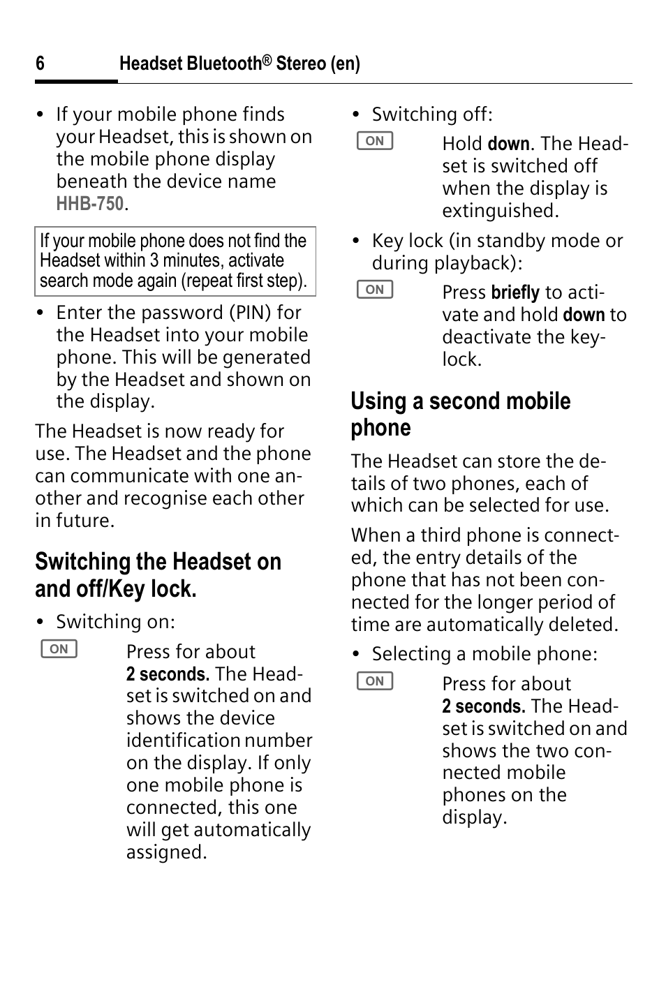 Switching the headset on and off/key lock, Using a second mobile phone | BenQ HHB-750 User Manual | Page 7 / 105