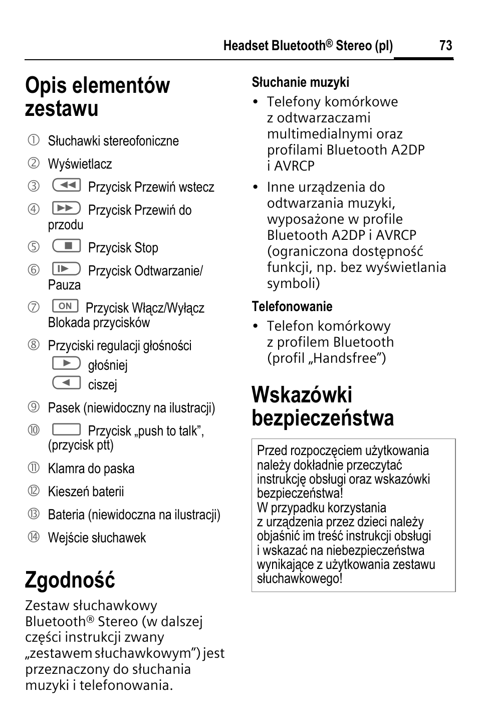 Opis elementów zestawu zgodność, Wskazówki bezpieczeństwa | BenQ HHB-750 User Manual | Page 74 / 105