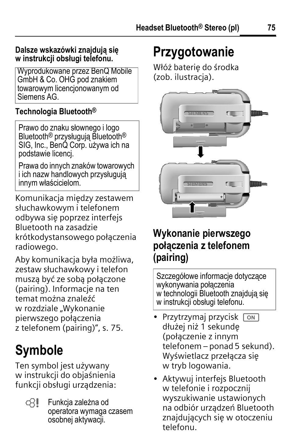 Symbole, Przygotowanie | BenQ HHB-750 User Manual | Page 76 / 105