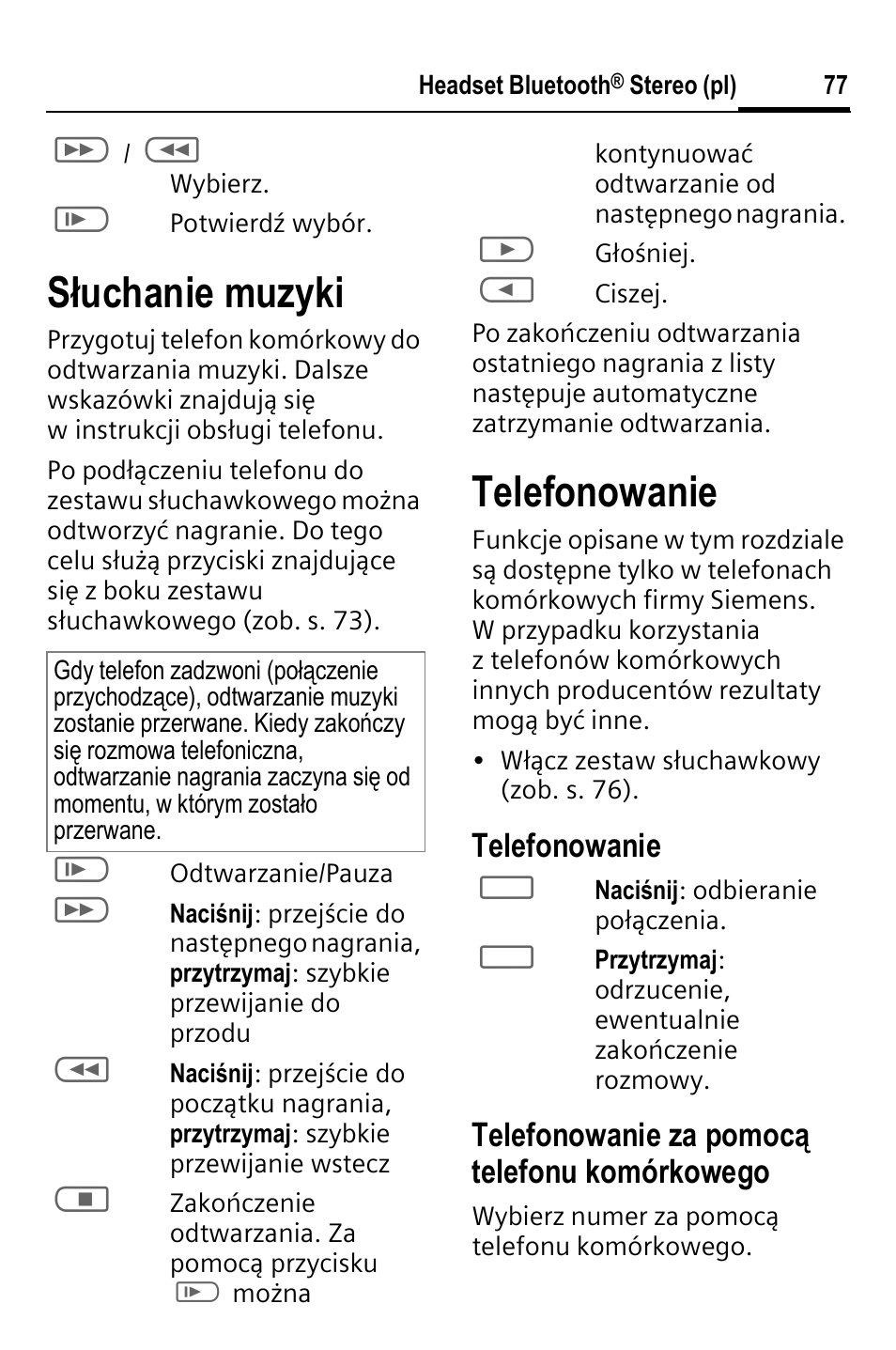 Słuchanie muzyki, Telefonowanie, Telefonowanie za pomocą telefonu komórkowego | BenQ HHB-750 User Manual | Page 78 / 105