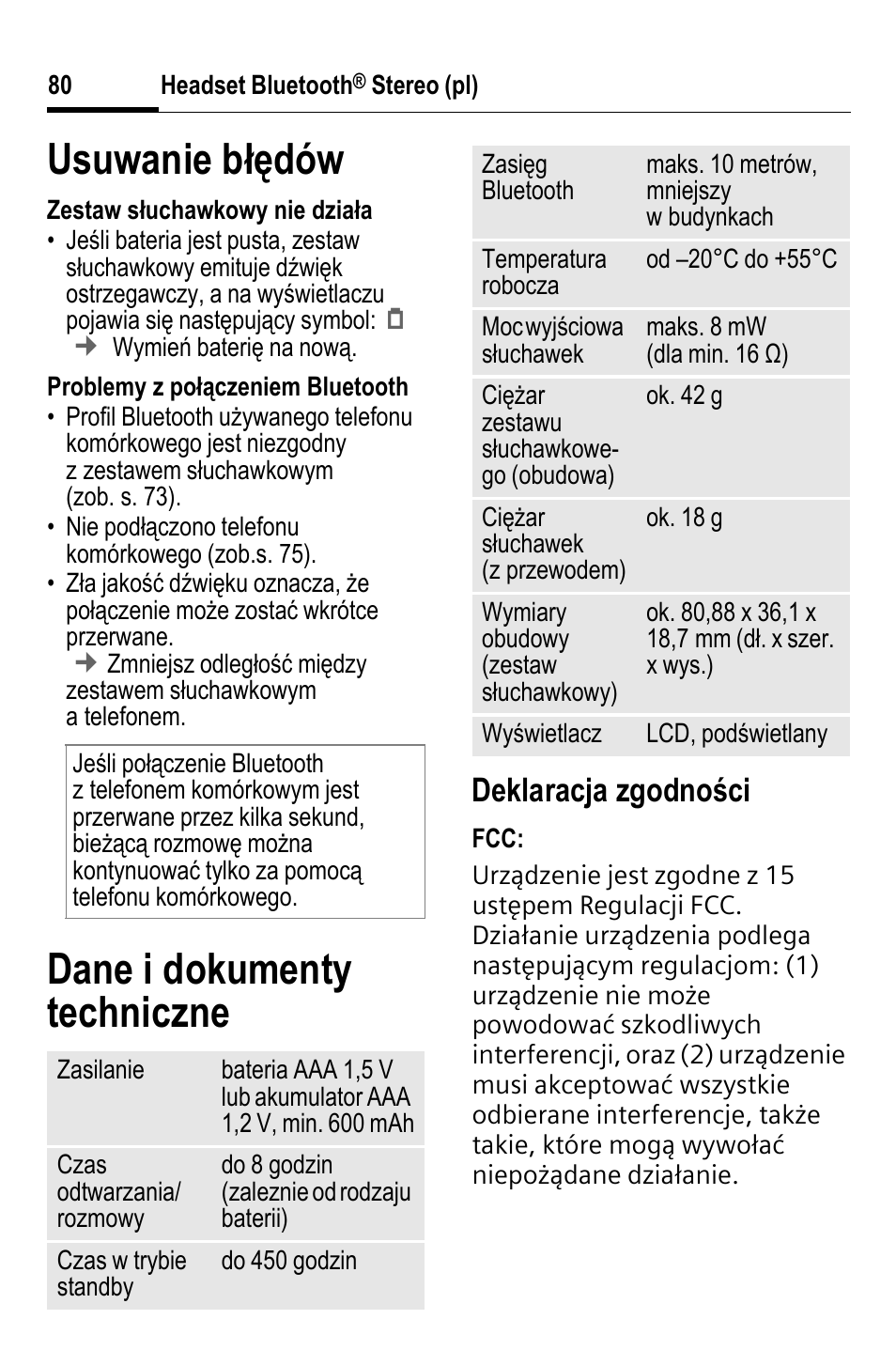 Usuwanie błędów, Dane i dokumenty techniczne, Deklaracja zgodności | BenQ HHB-750 User Manual | Page 81 / 105