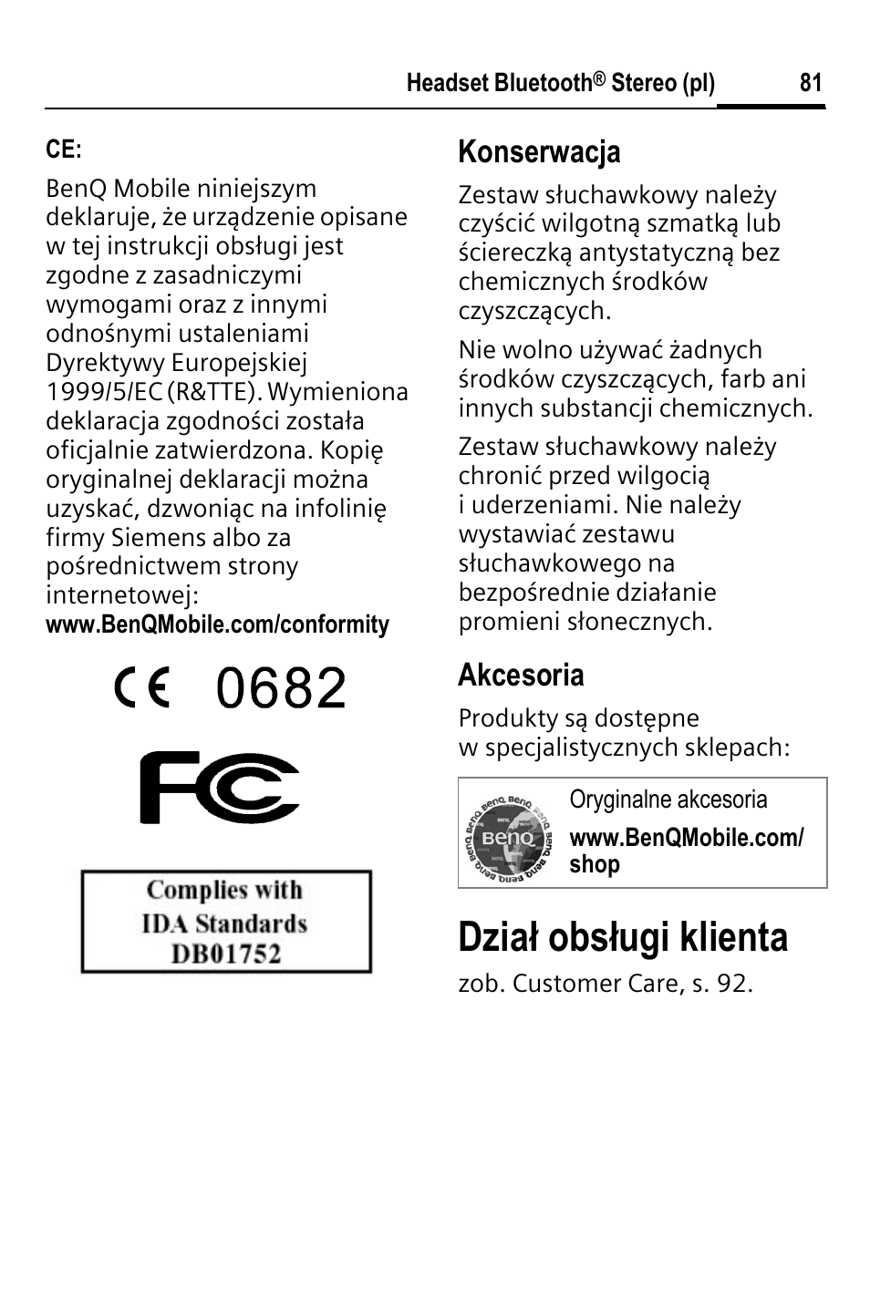 Dział obsługi klienta, Konserwacja, Akcesoria | BenQ HHB-750 User Manual | Page 82 / 105