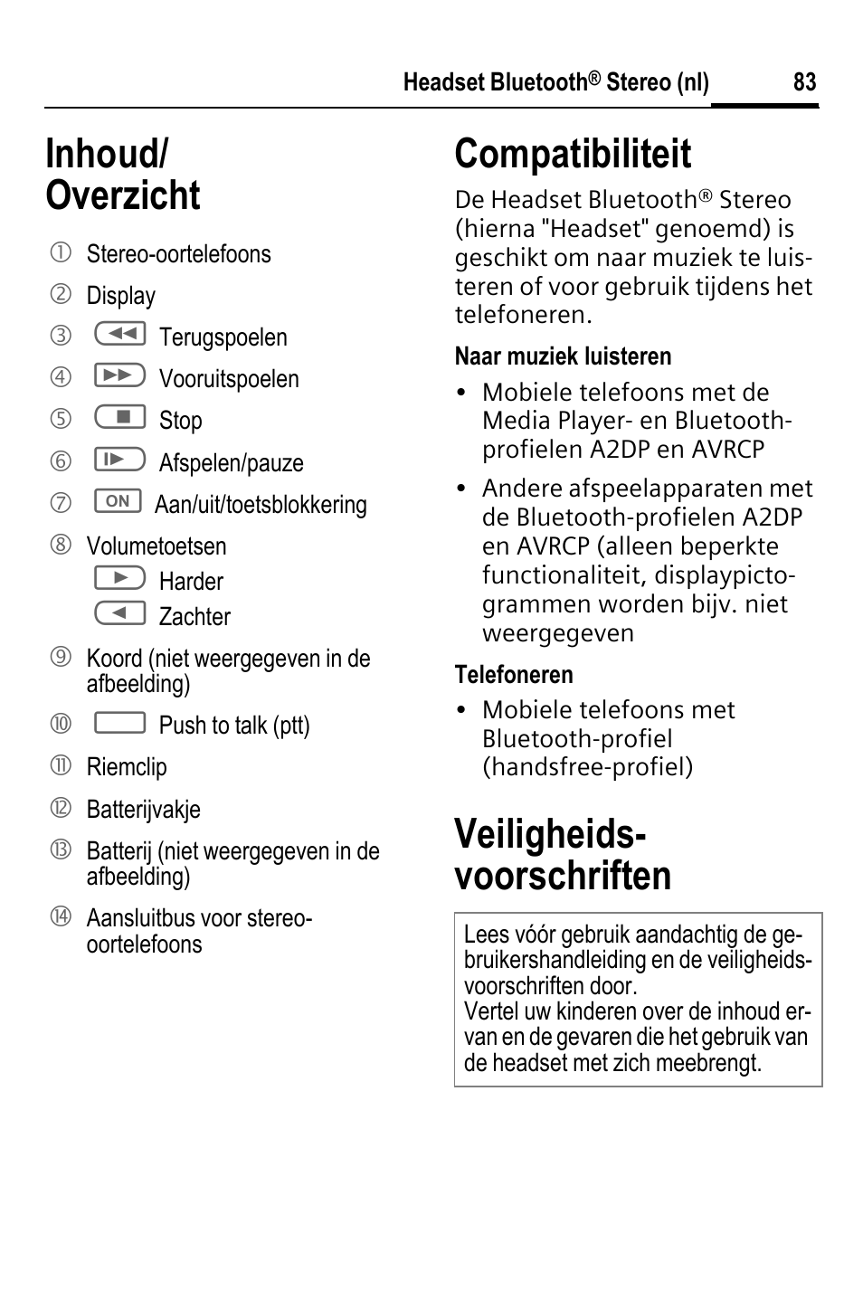 Inhoud/ overzicht compatibiliteit, Veiligheids- voorschriften | BenQ HHB-750 User Manual | Page 84 / 105