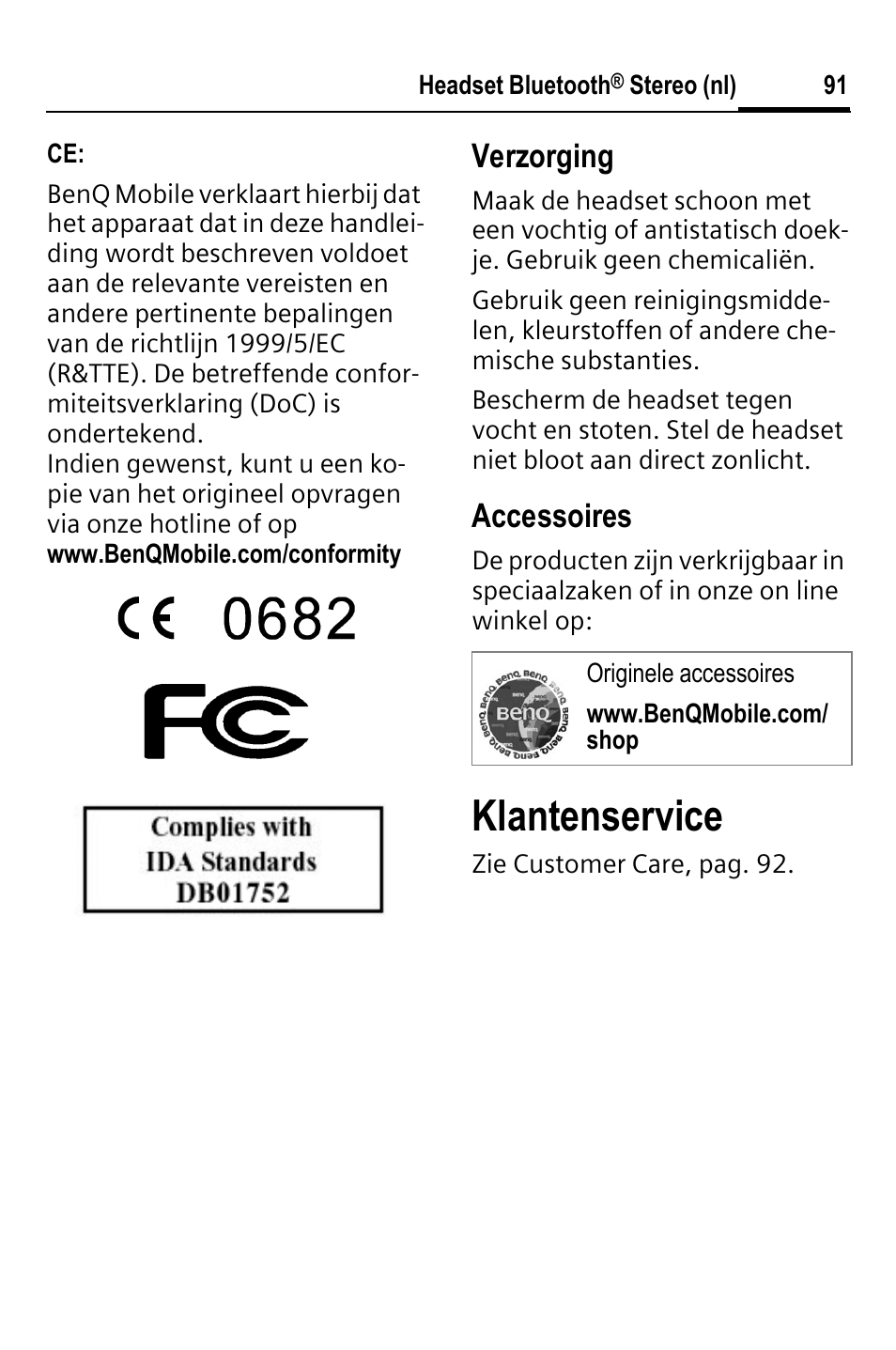 Klantenservice, Verzorging, Accessoires | BenQ HHB-750 User Manual | Page 92 / 105