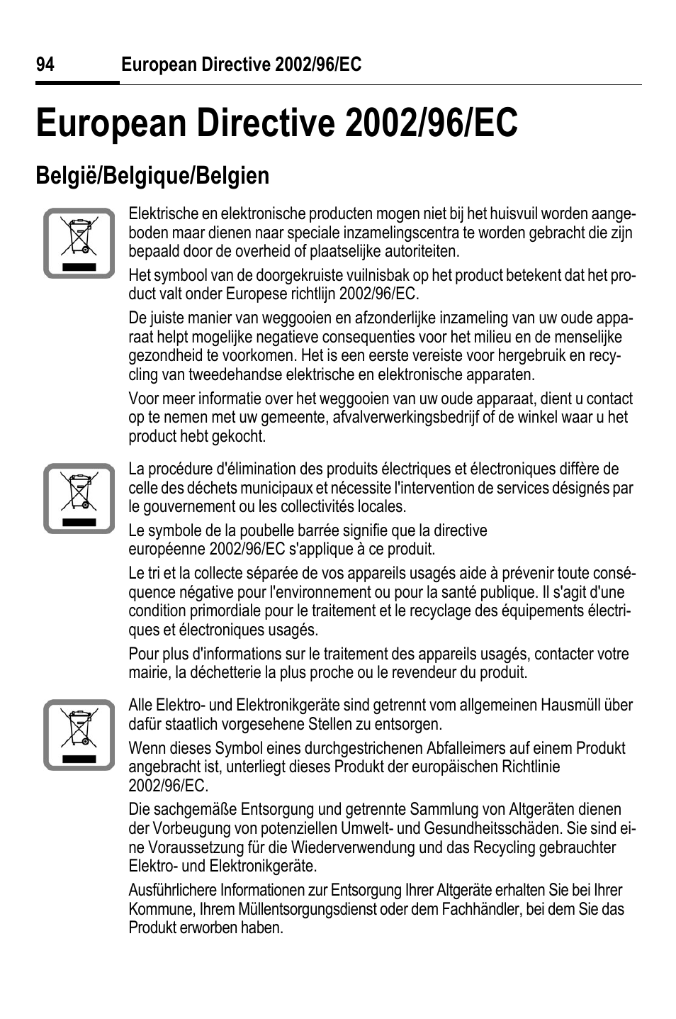 European directive 2002/96/ec, België/belgique/belgien | BenQ HHB-750 User Manual | Page 95 / 105