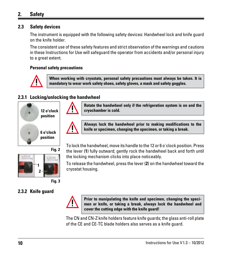 3 safety devices, 1 locking/unlocking the handwheel, 2 knife guard | Safety devices, Safety | Leica Biosystems CM1520 User Manual | Page 10 / 92