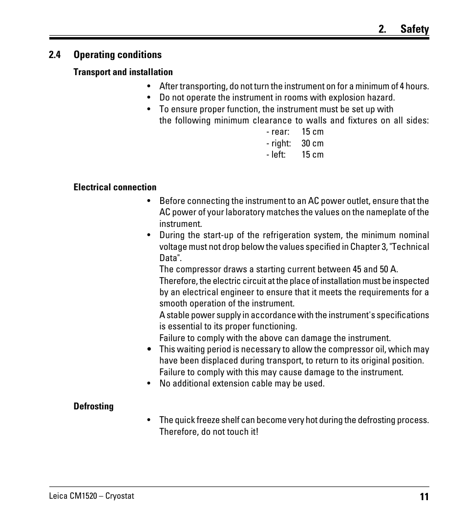 4 operating conditions, Operating conditions, Safety | Leica Biosystems CM1520 User Manual | Page 11 / 92