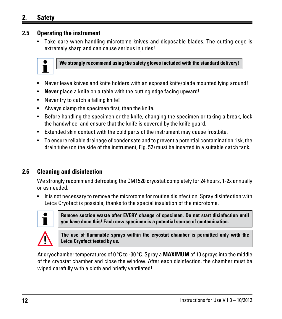 5 operating the instrument, 6 cleaning and disinfection, Operating the instrument | Cleaning and disinfection, Safety | Leica Biosystems CM1520 User Manual | Page 12 / 92